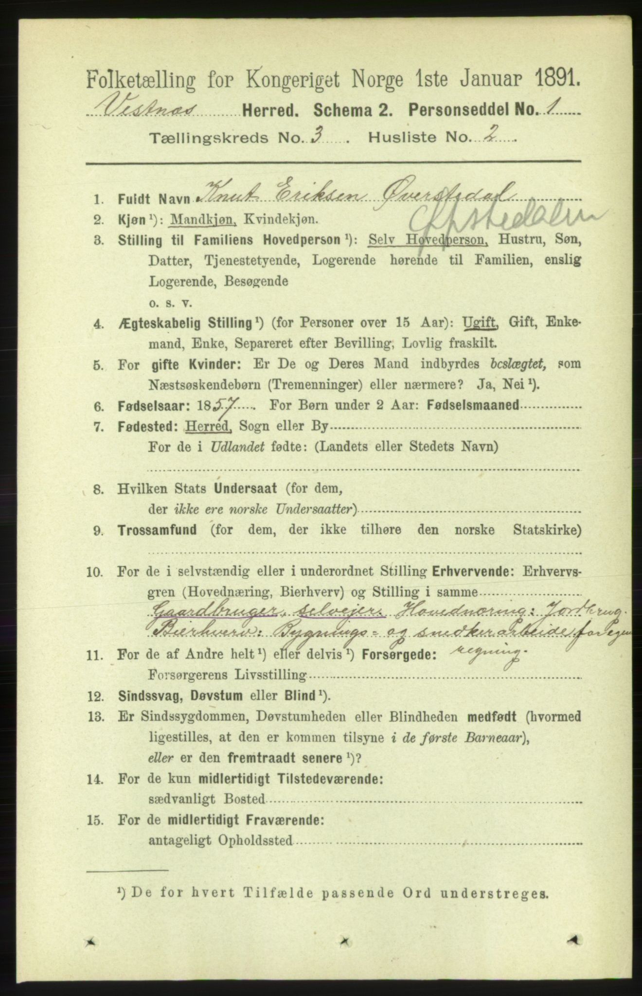 RA, 1891 census for 1535 Vestnes, 1891, p. 881