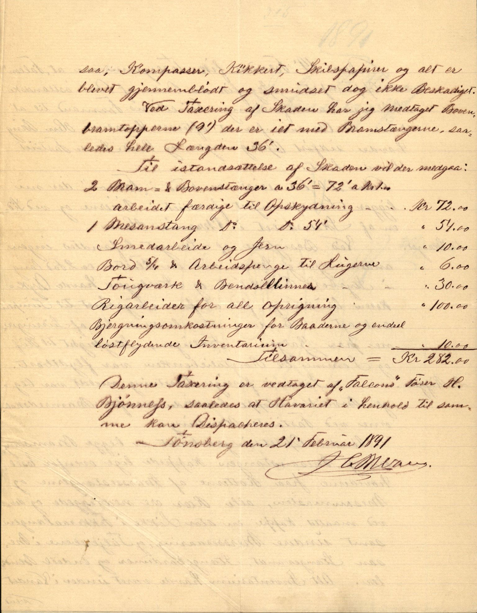Pa 63 - Østlandske skibsassuranceforening, VEMU/A-1079/G/Ga/L0027/0011: Havaridokumenter / Louise, Lucie, Falcon, Ingeborg av Laurvig, Imperator, 1891, p. 29
