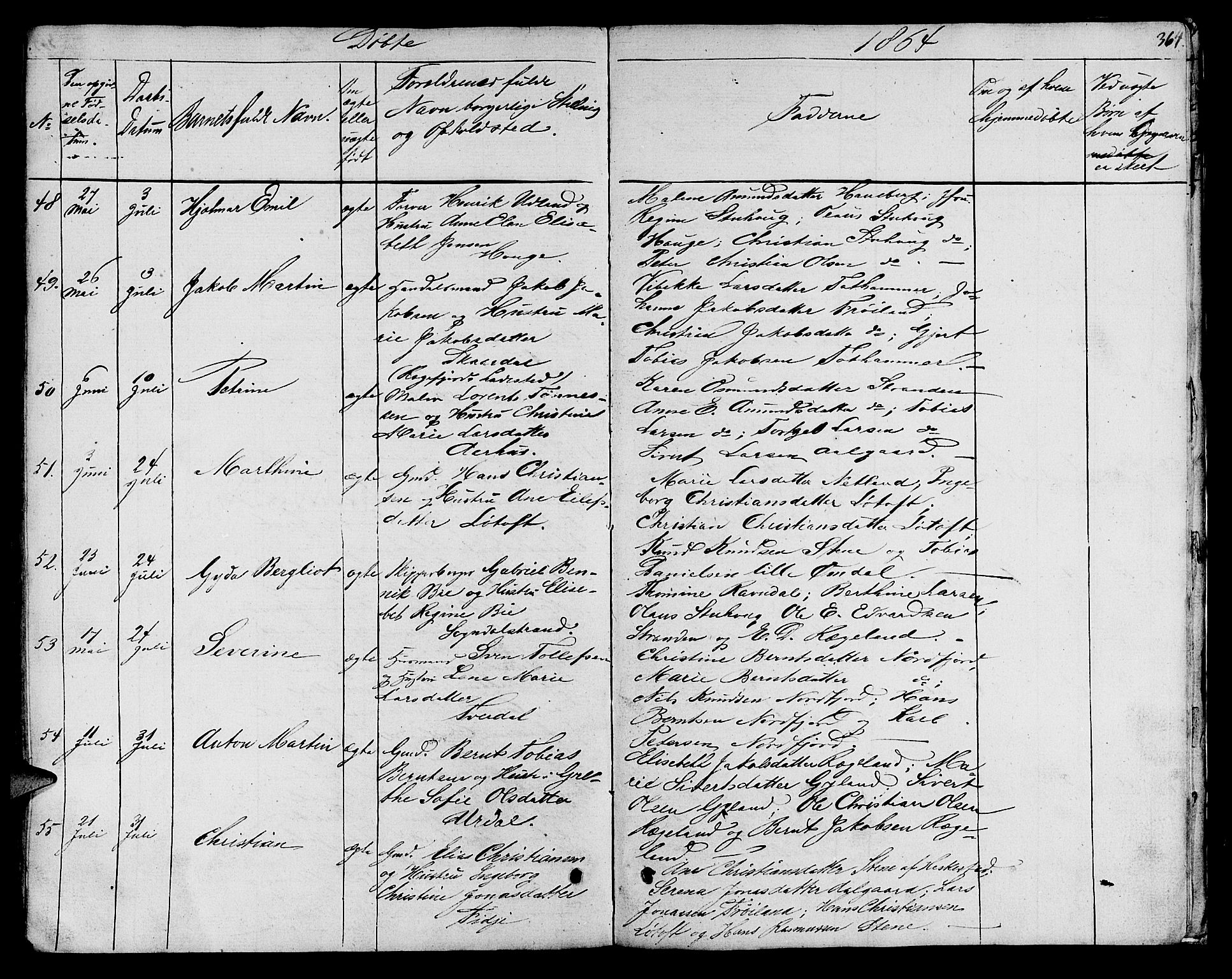 Sokndal sokneprestkontor, AV/SAST-A-101808: Parish register (copy) no. B 2, 1849-1865, p. 364