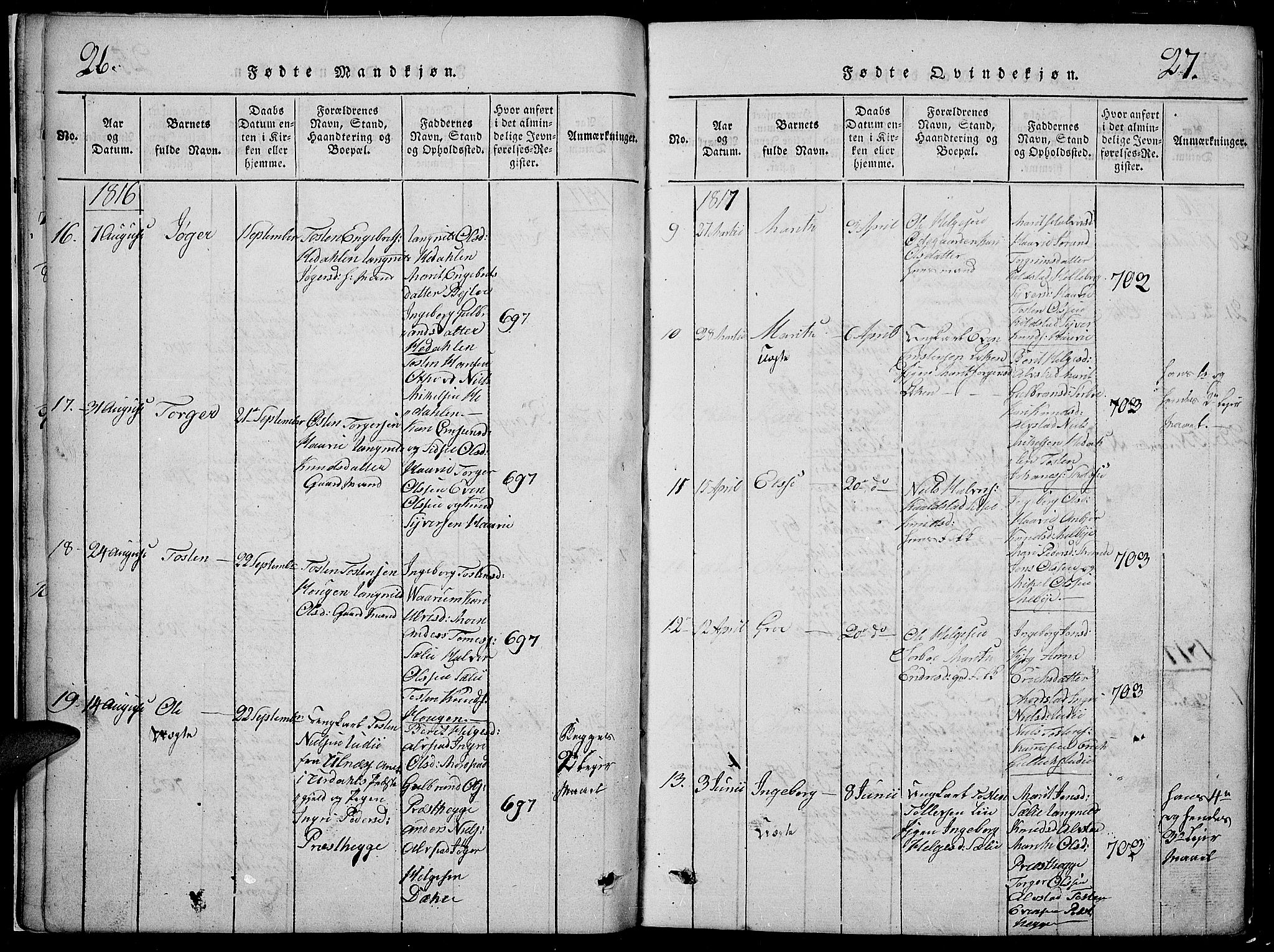 Slidre prestekontor, SAH/PREST-134/H/Ha/Hab/L0002: Parish register (copy) no. 2, 1814-1839, p. 26-27