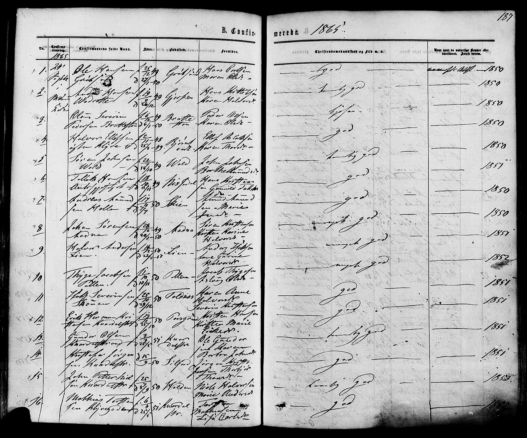 Solum kirkebøker, AV/SAKO-A-306/F/Fa/L0008: Parish register (official) no. I 8, 1865-1876, p. 187