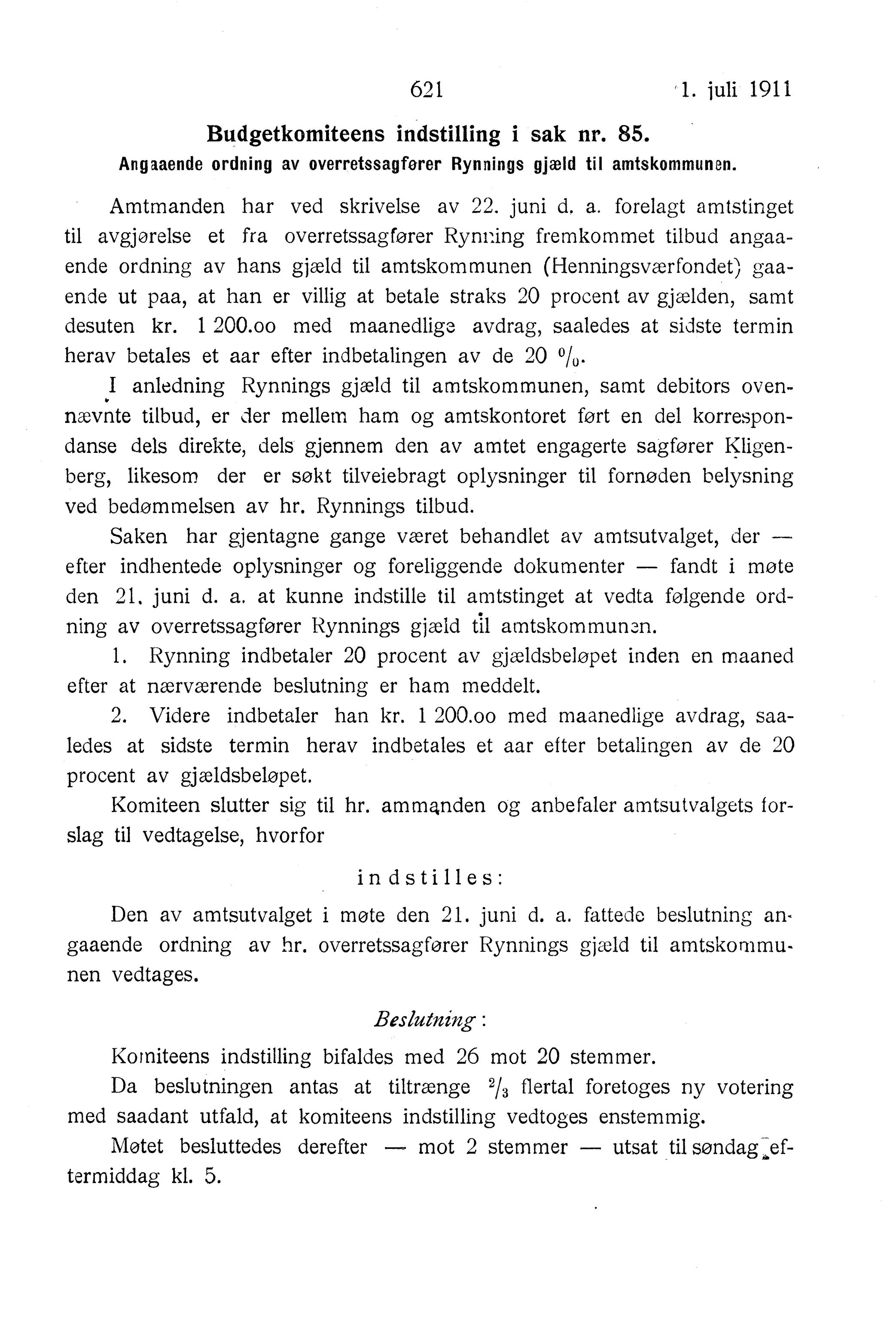 Nordland Fylkeskommune. Fylkestinget, AIN/NFK-17/176/A/Ac/L0034: Fylkestingsforhandlinger 1911, 1911