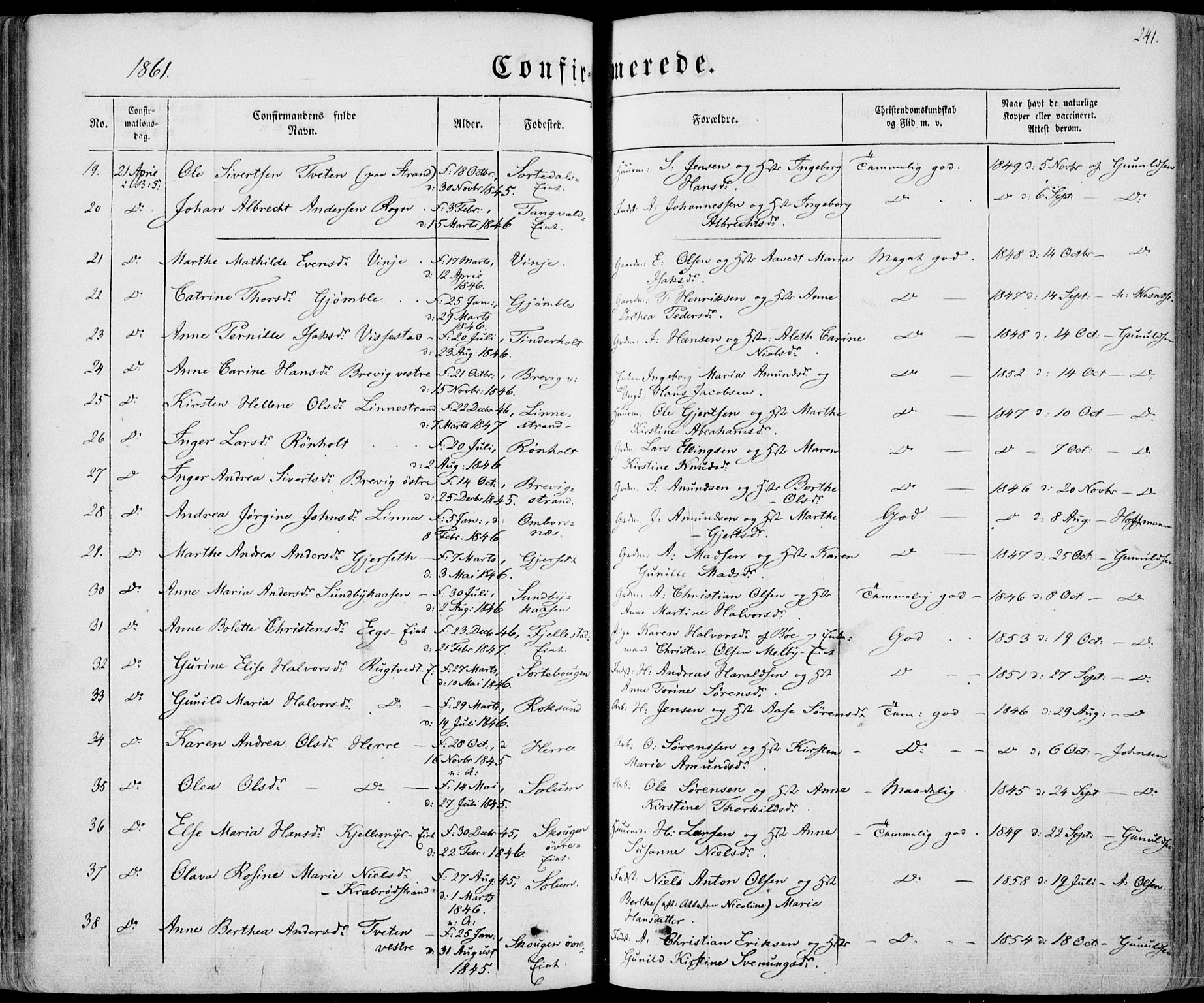 Bamble kirkebøker, SAKO/A-253/F/Fa/L0005: Parish register (official) no. I 5, 1854-1869, p. 241