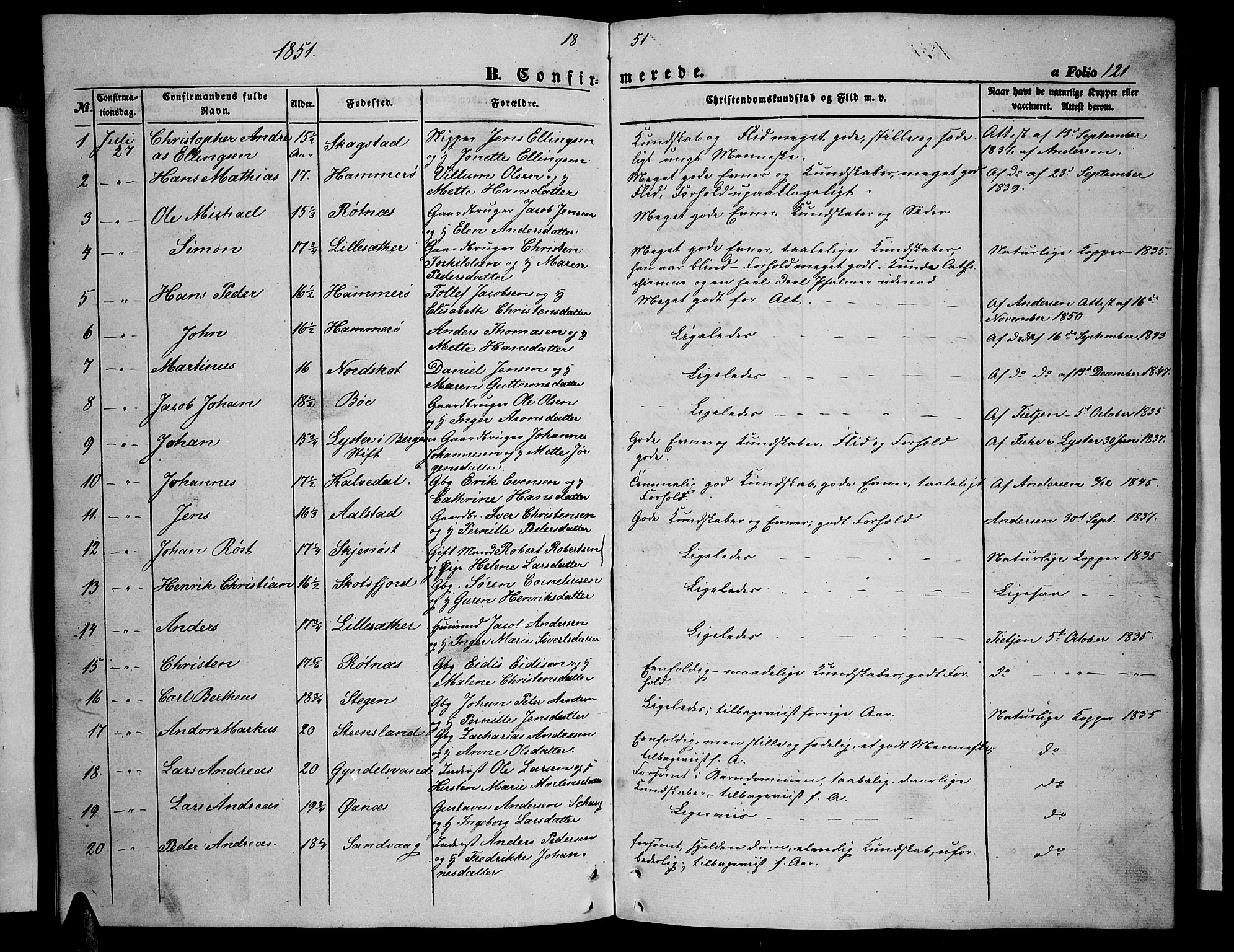 Ministerialprotokoller, klokkerbøker og fødselsregistre - Nordland, SAT/A-1459/855/L0814: Parish register (copy) no. 855C03, 1851-1864, p. 121