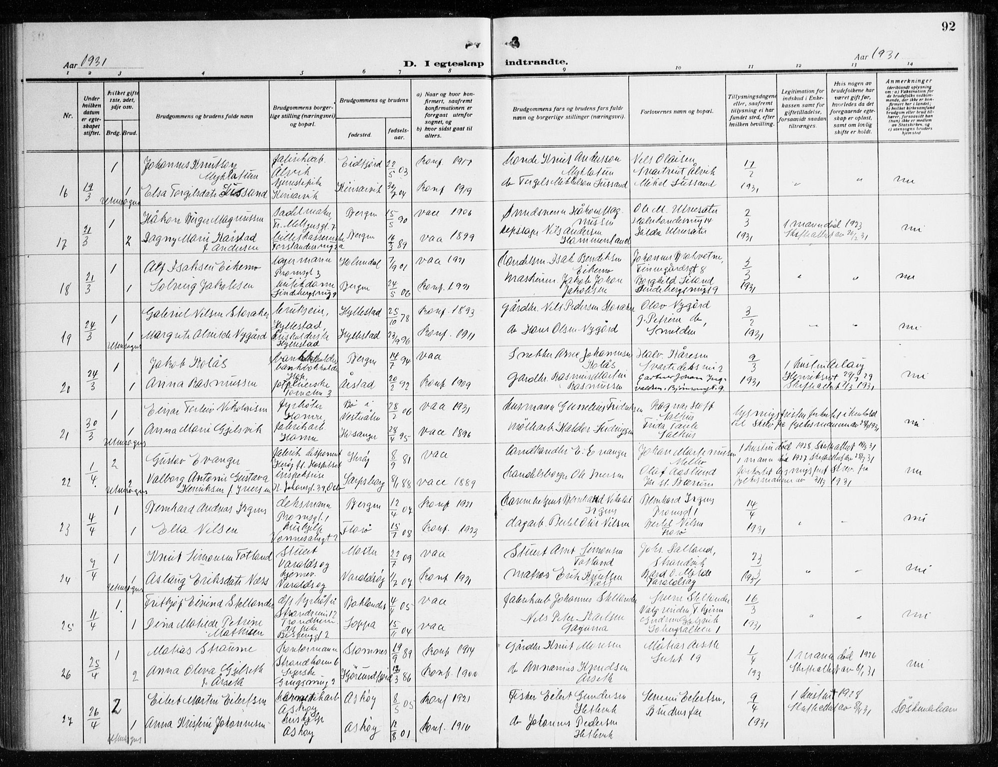 Korskirken sokneprestembete, AV/SAB-A-76101/H/Haa/L0039: Parish register (official) no. D 6, 1919-1938, p. 92