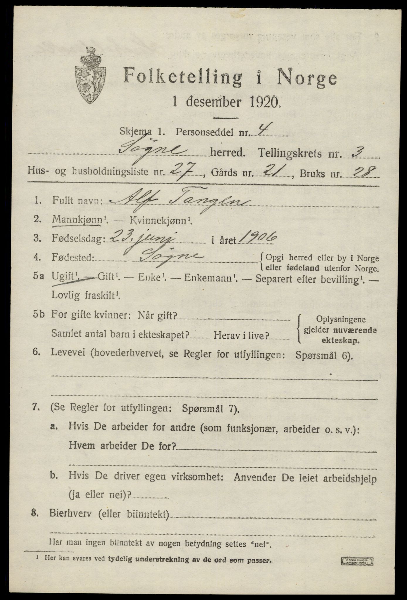 SAK, 1920 census for Søgne, 1920, p. 1871