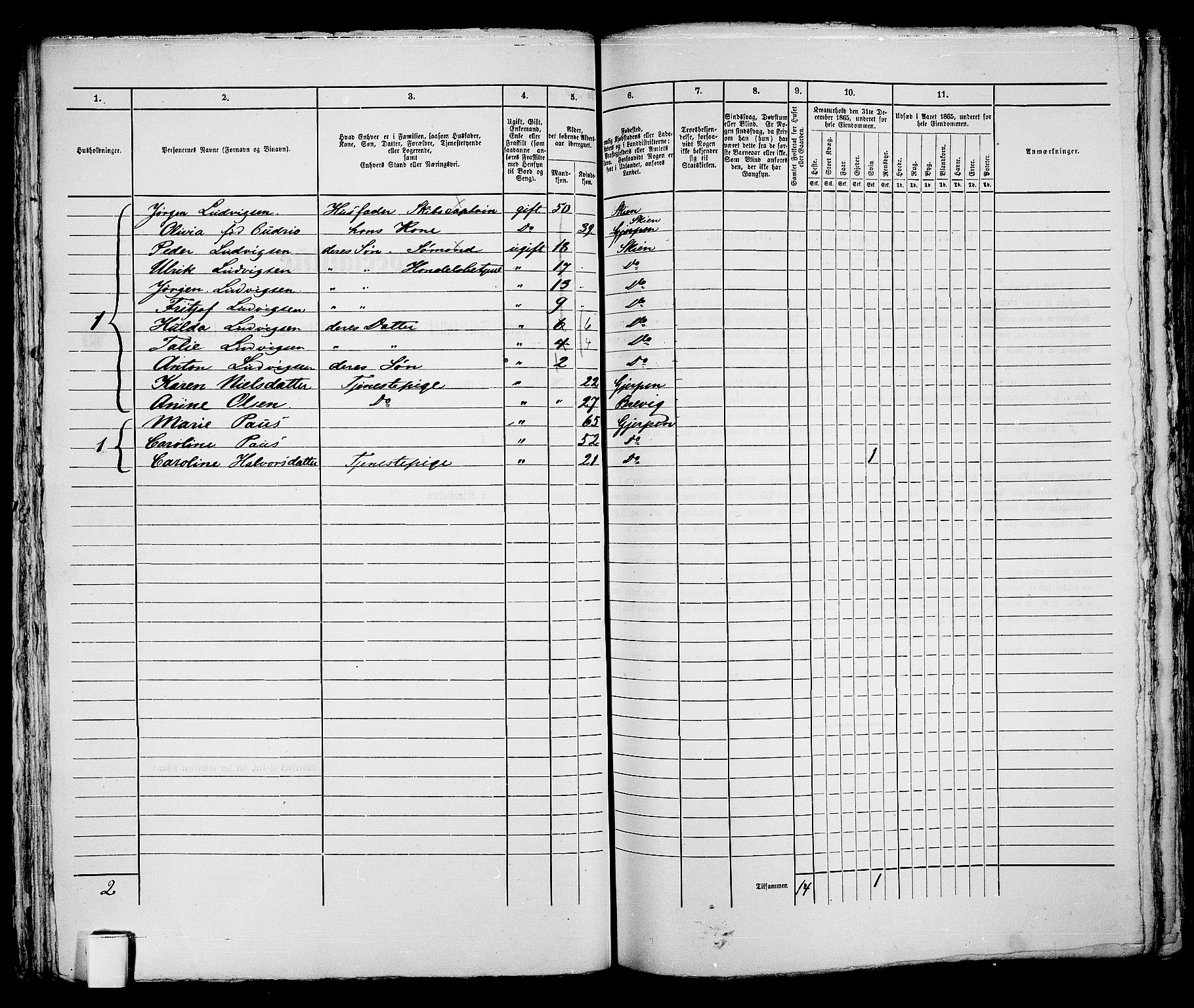 RA, 1865 census for Skien, 1865, p. 455