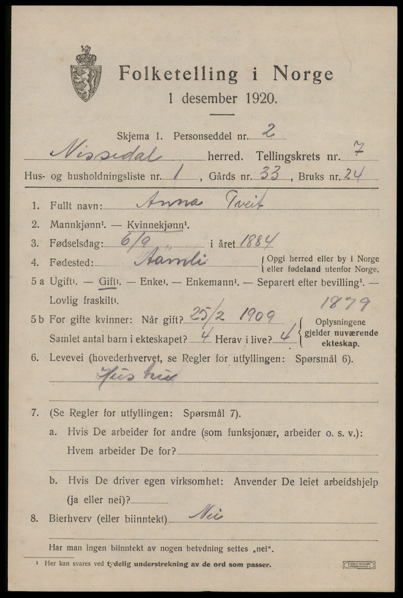 SAKO, 1920 census for Nissedal, 1920, p. 2475