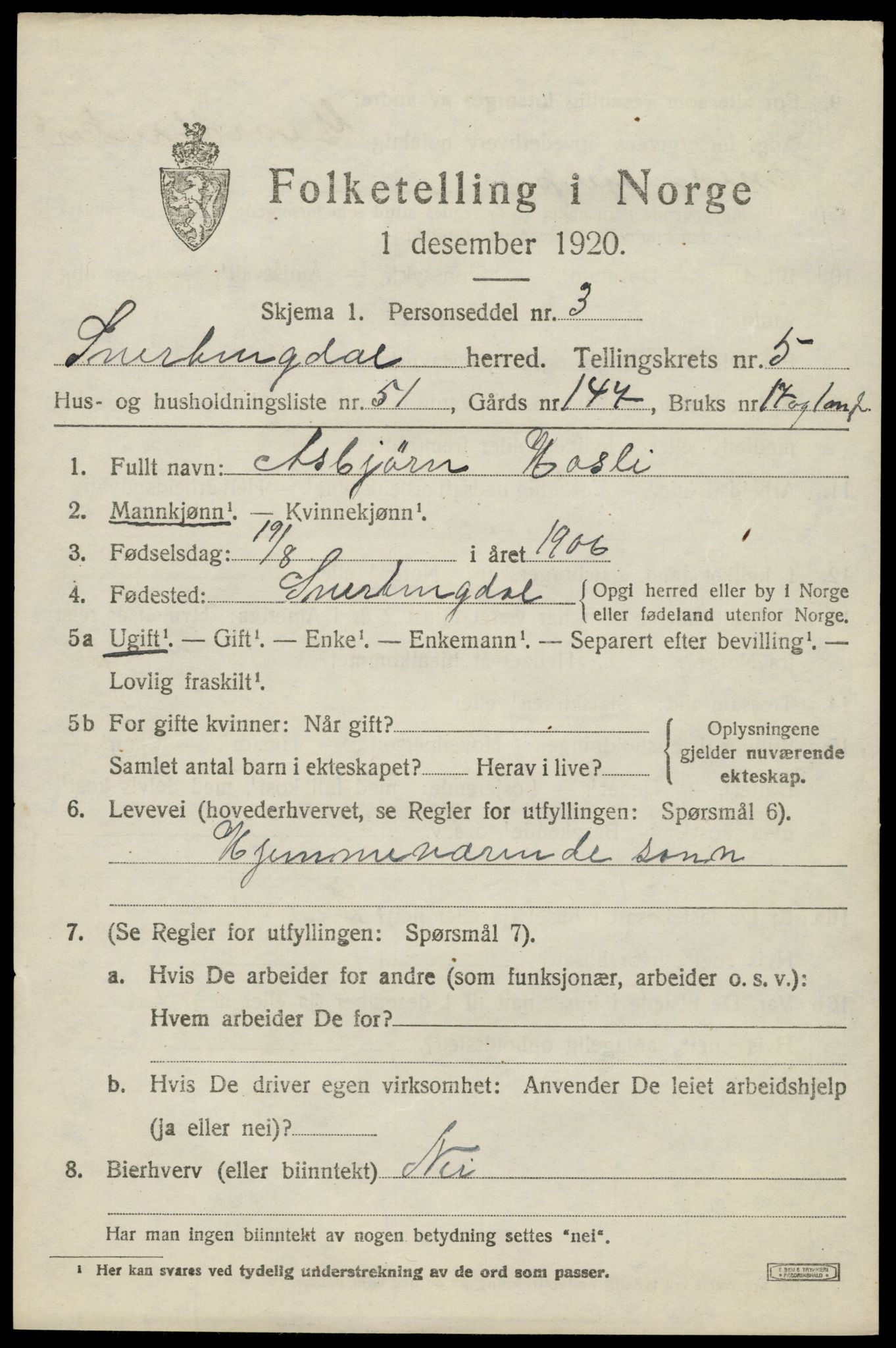 SAH, 1920 census for Snertingdal, 1920, p. 4863