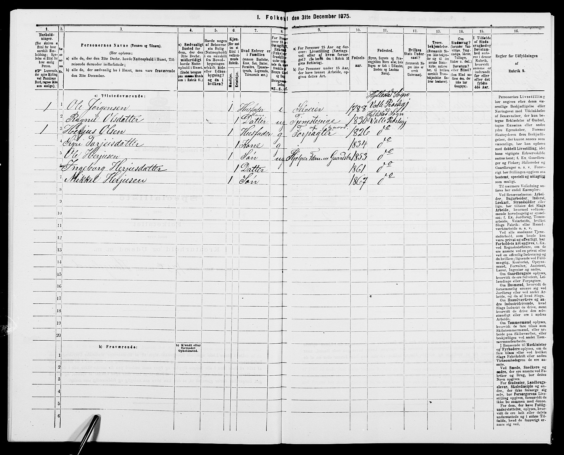 SAK, 1875 census for 0940P Valle, 1875, p. 178