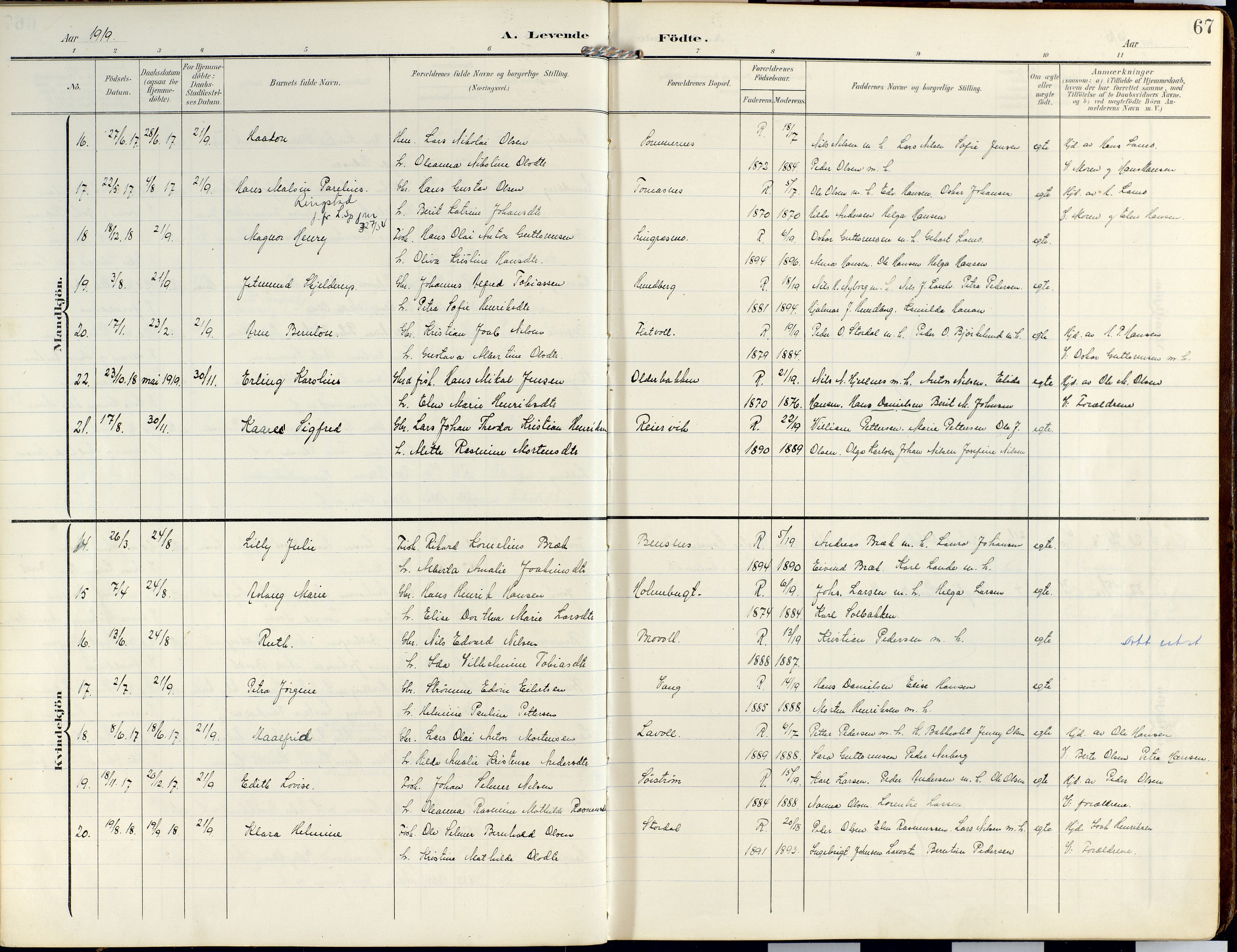 Lyngen sokneprestembete, AV/SATØ-S-1289/H/He/Hea/L0014kirke: Parish register (official) no. 14, 1905-1920, p. 67