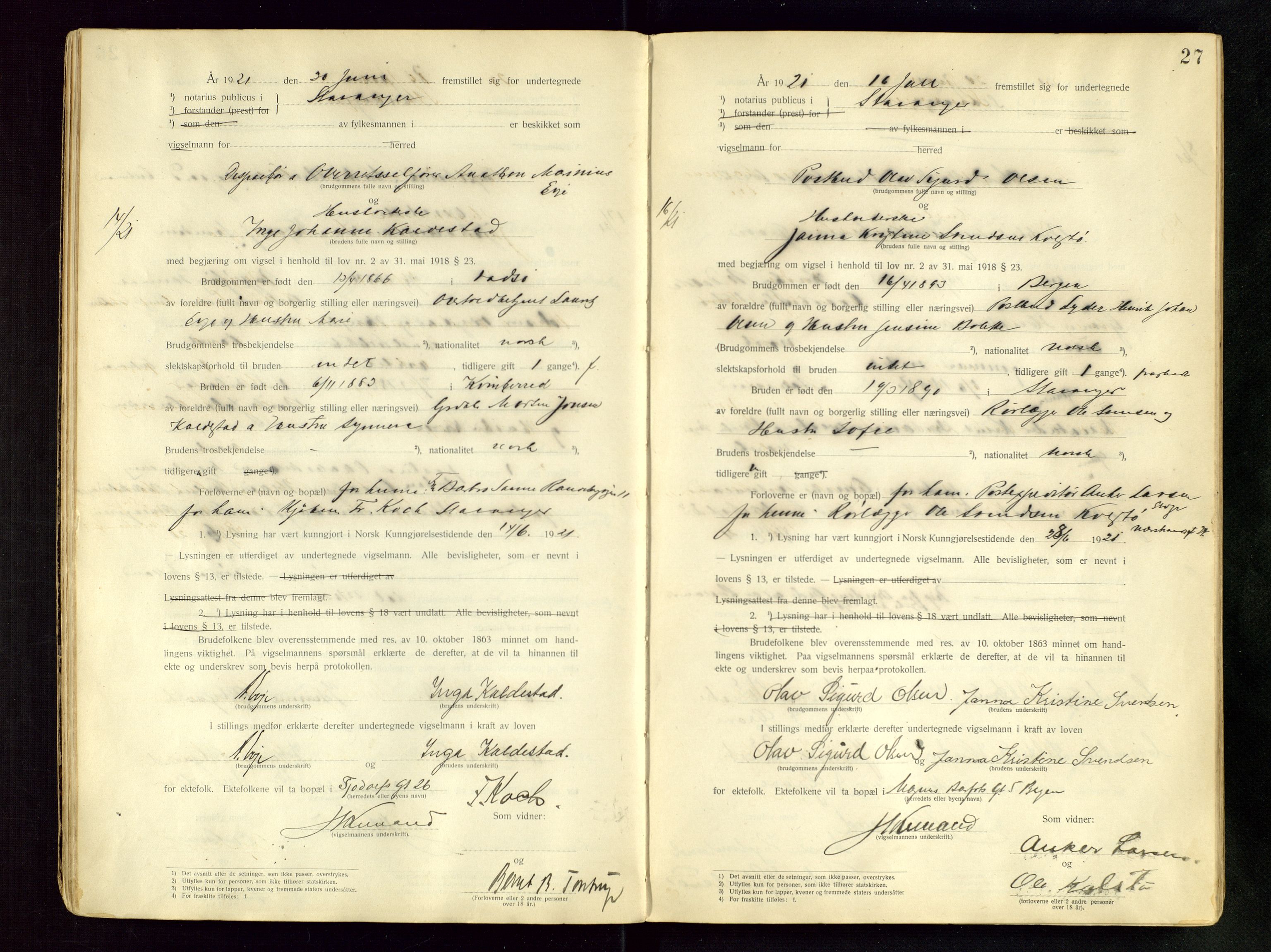 Stavanger byfogd, AV/SAST-A-101408/001/6/62/62BB/L0001: Vigselsprotokoll, 1920-1926, p. 27
