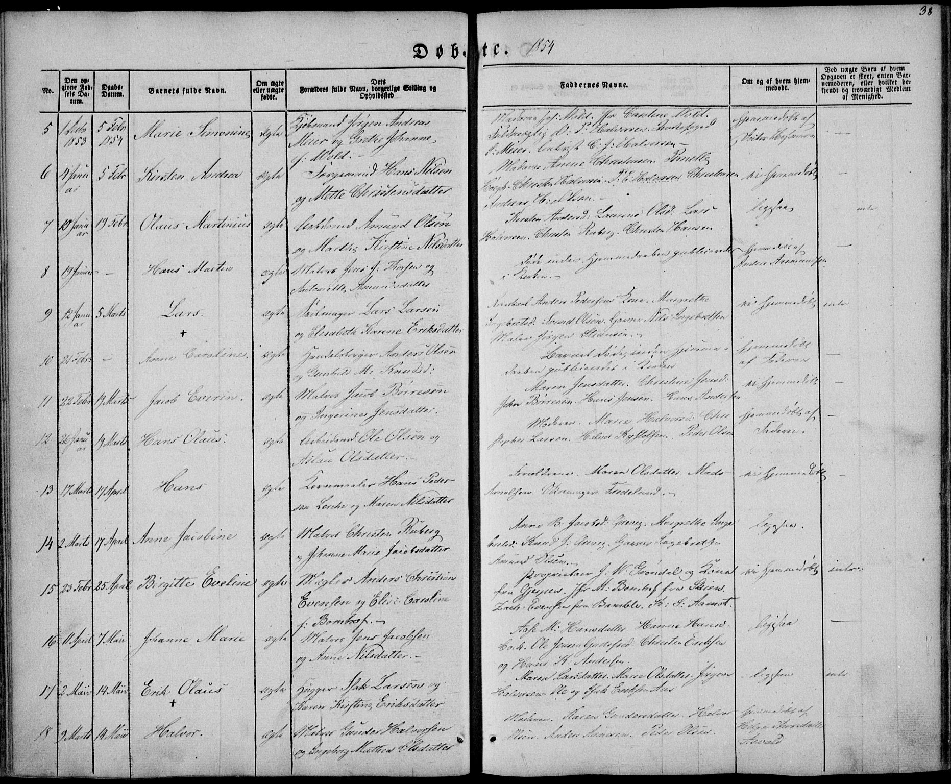 Brevik kirkebøker, SAKO/A-255/F/Fa/L0005: Parish register (official) no. 5, 1847-1865, p. 38