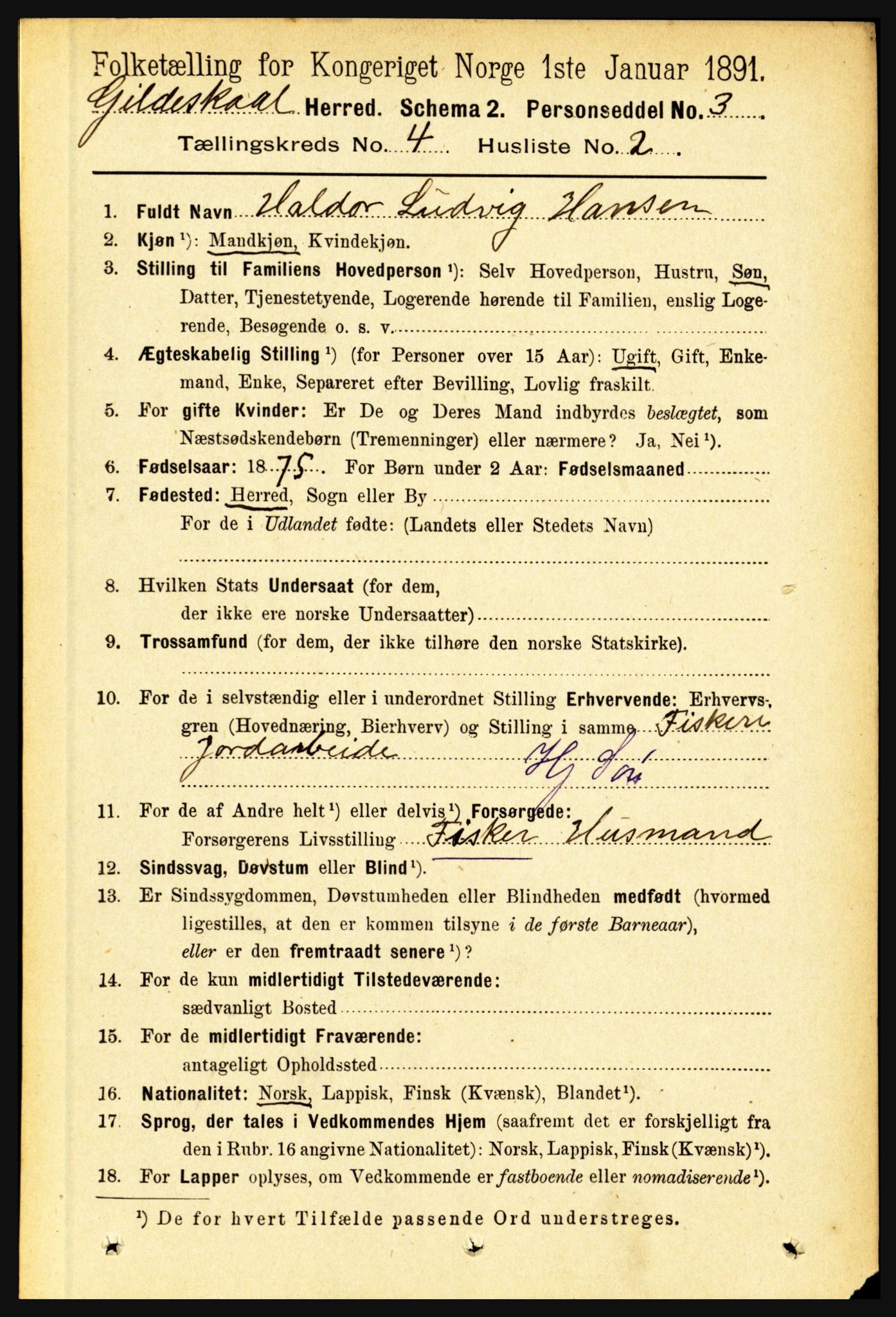 RA, 1891 census for 1838 Gildeskål, 1891, p. 1074