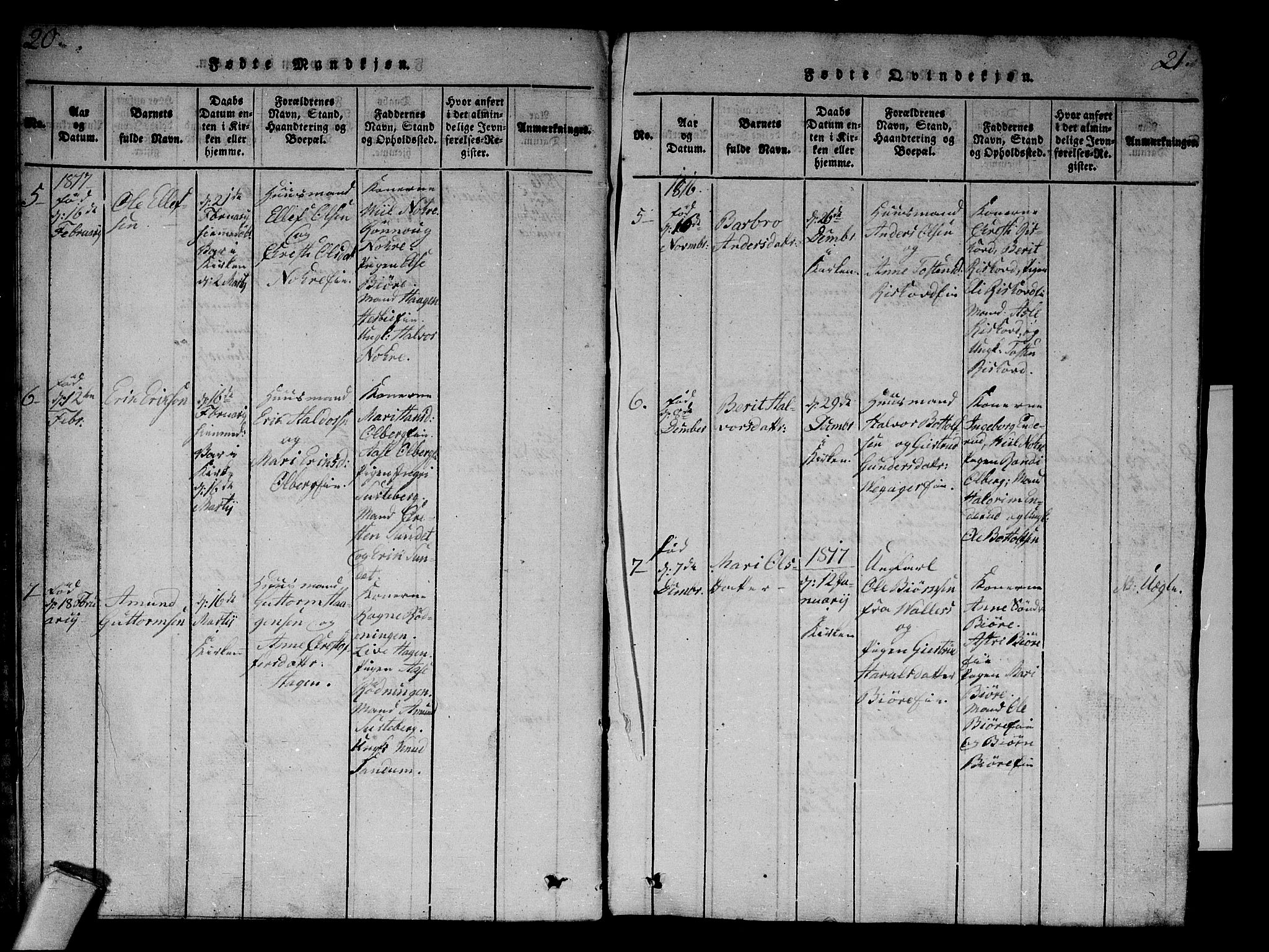 Krødsherad kirkebøker, SAKO/A-19/F/Fa/L0001: Parish register (official) no. 1, 1815-1829, p. 20-21