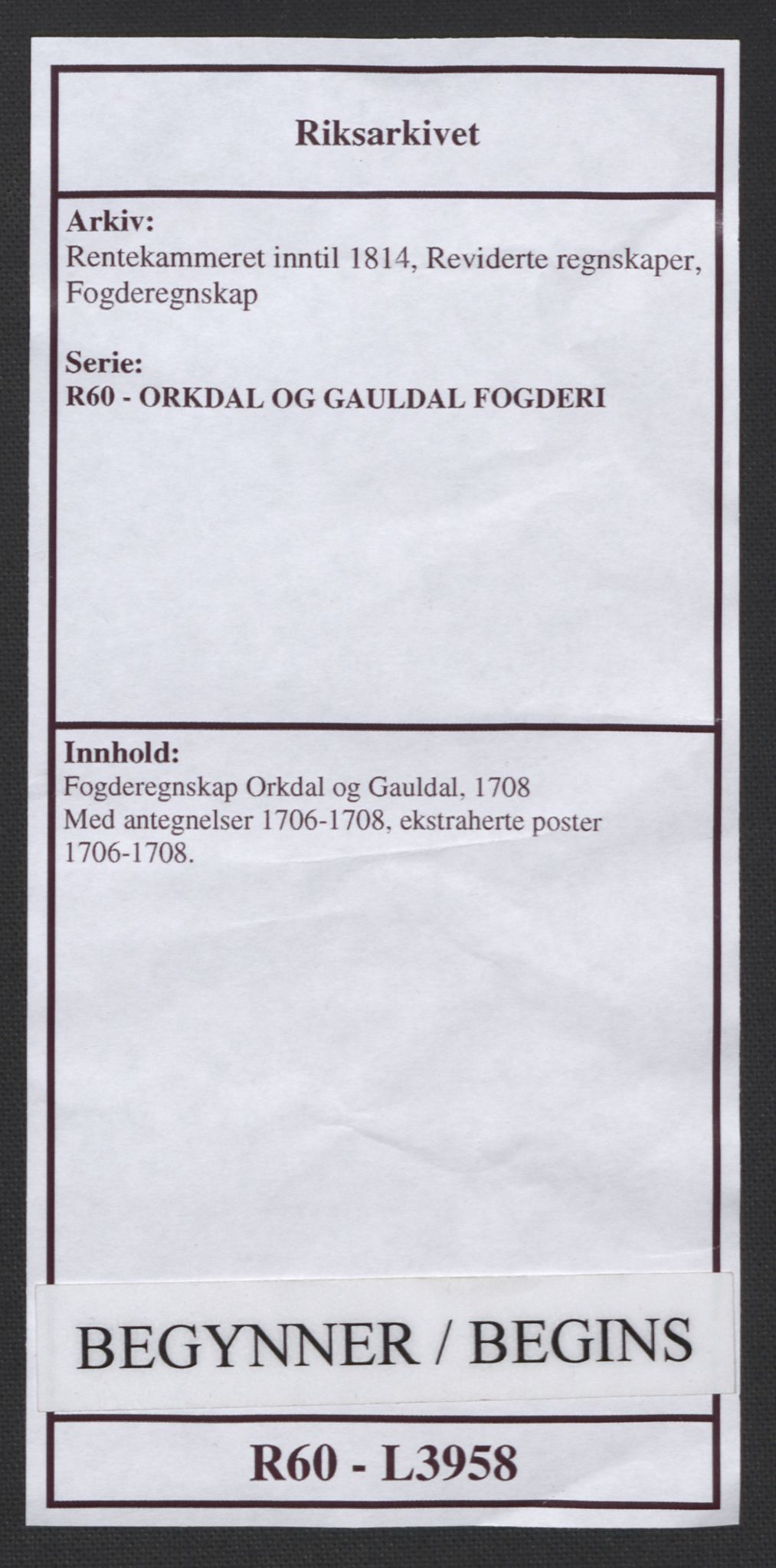 Rentekammeret inntil 1814, Reviderte regnskaper, Fogderegnskap, AV/RA-EA-4092/R60/L3958: Fogderegnskap Orkdal og Gauldal, 1708, p. 1