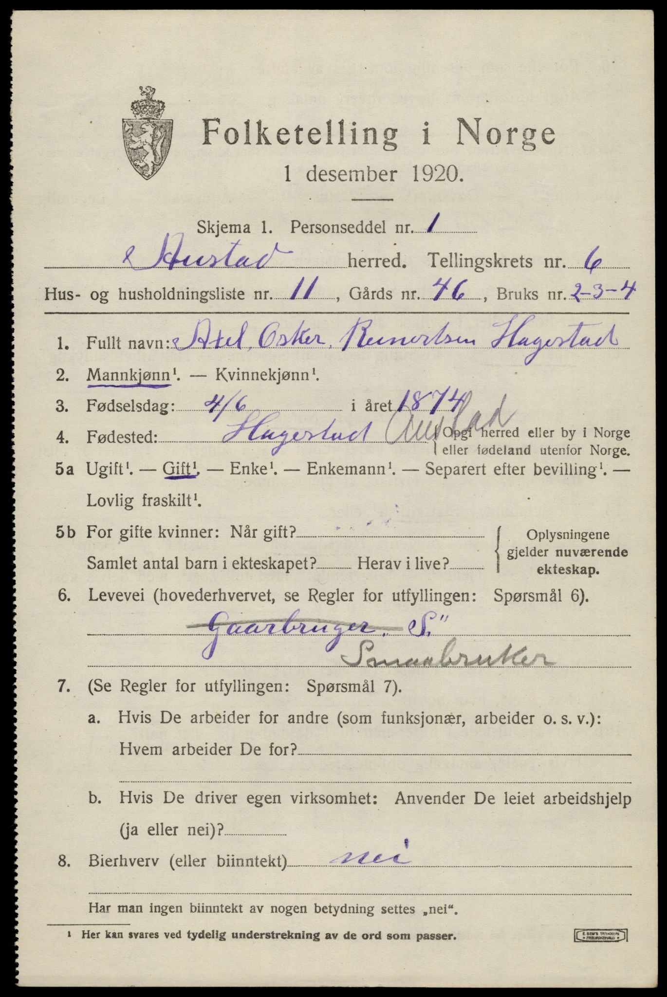 SAK, 1920 census for Austad, 1920, p. 1953