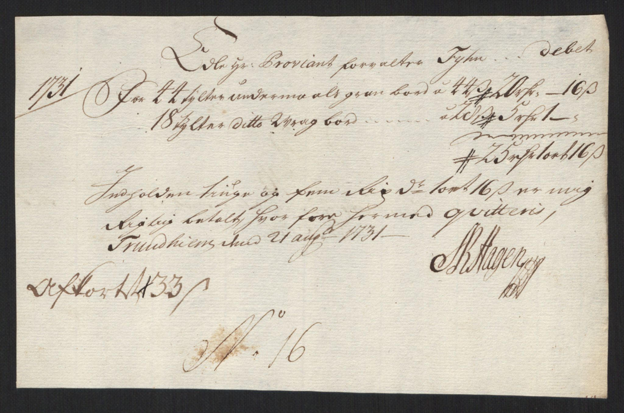 Rentekammeret inntil 1814, Reviderte regnskaper, Militære regnskaper, AV/RA-EA-4069/Rd/L0649: Trondheim festningsregnskaper, 1731