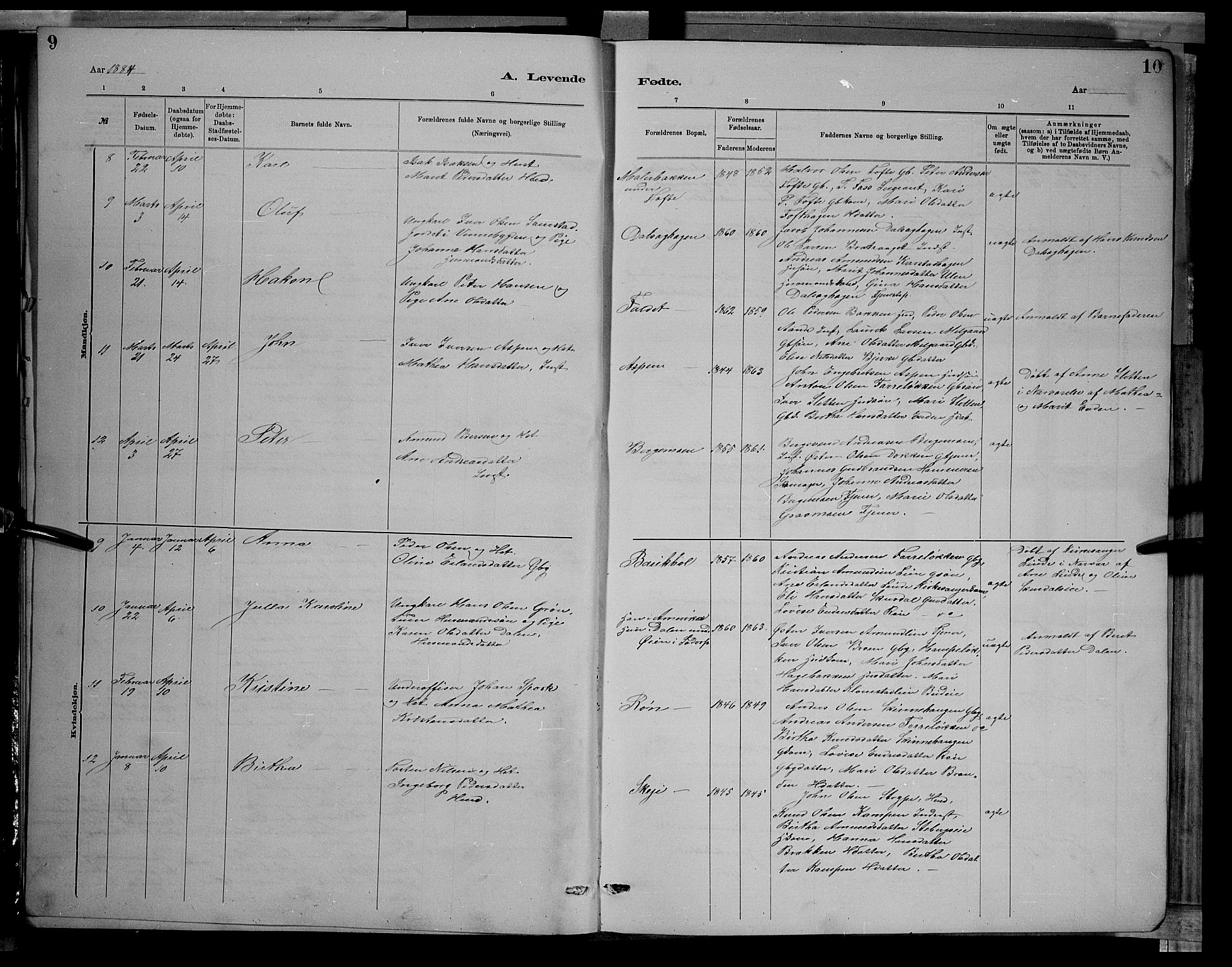 Sør-Fron prestekontor, AV/SAH-PREST-010/H/Ha/Hab/L0003: Parish register (copy) no. 3, 1884-1896, p. 9-10