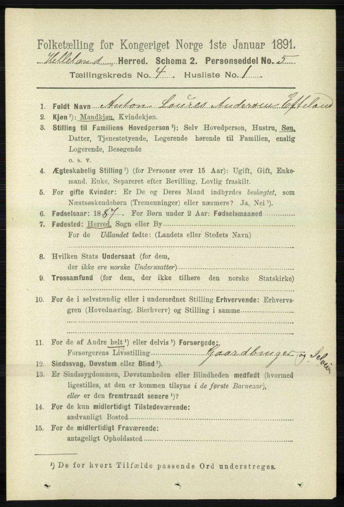 RA, 1891 census for 1115 Helleland, 1891, p. 1158