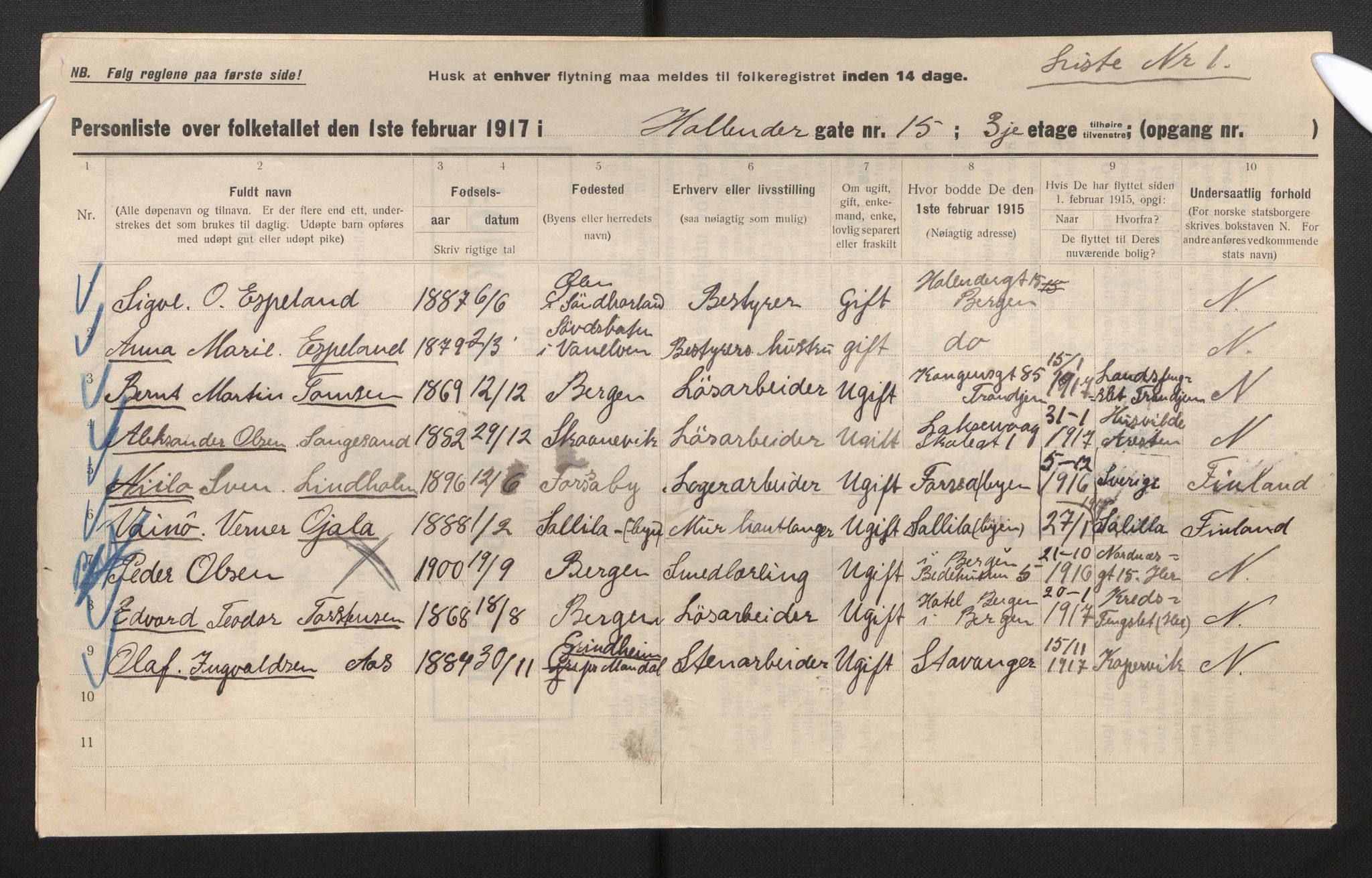 SAB, Municipal Census 1917 for Bergen, 1917, p. 15014