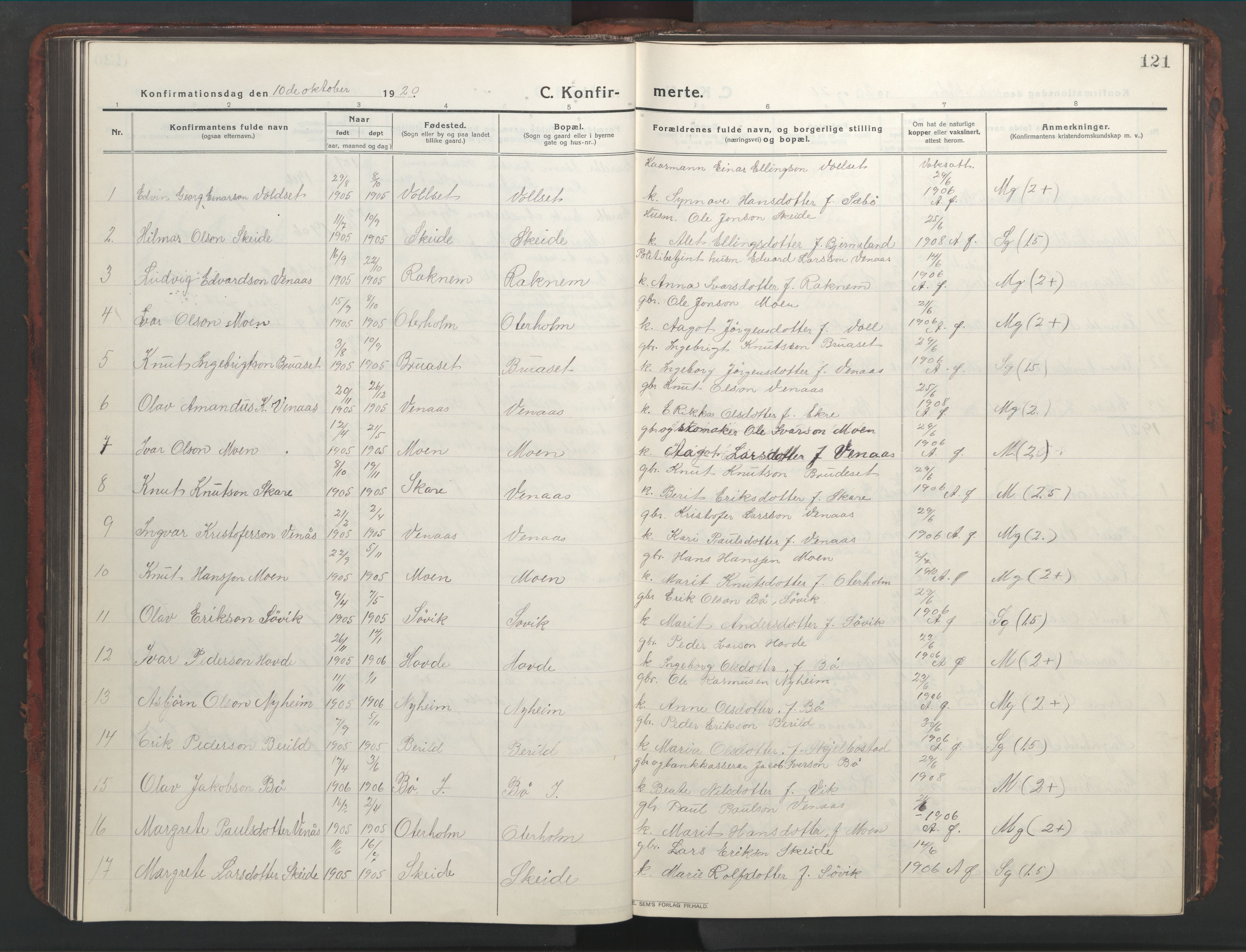 Ministerialprotokoller, klokkerbøker og fødselsregistre - Møre og Romsdal, AV/SAT-A-1454/543/L0565: Parish register (copy) no. 543C03, 1916-1955, p. 121