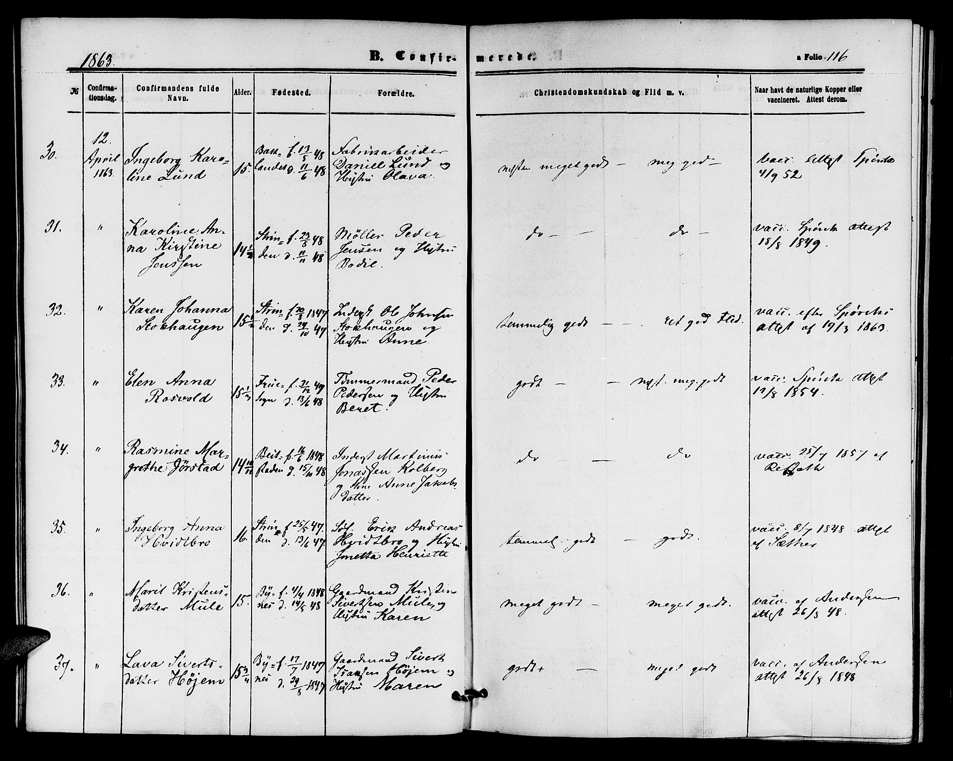 Ministerialprotokoller, klokkerbøker og fødselsregistre - Sør-Trøndelag, SAT/A-1456/604/L0185: Parish register (official) no. 604A06, 1861-1865, p. 116