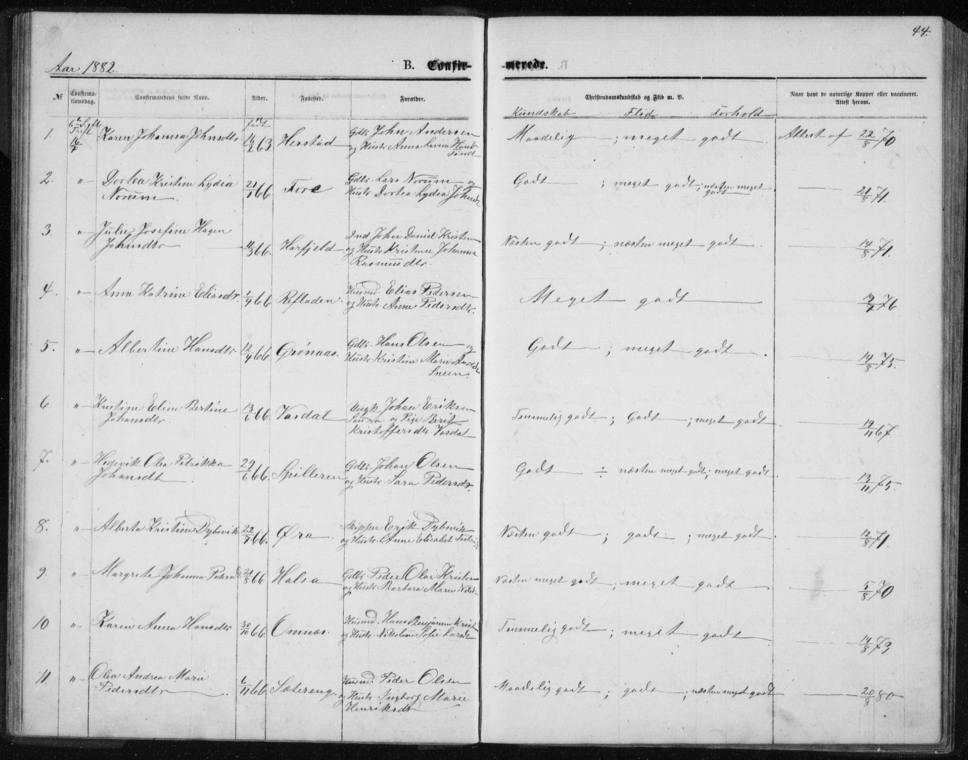 Ministerialprotokoller, klokkerbøker og fødselsregistre - Nordland, AV/SAT-A-1459/843/L0635: Parish register (copy) no. 843C04, 1872-1887, p. 44