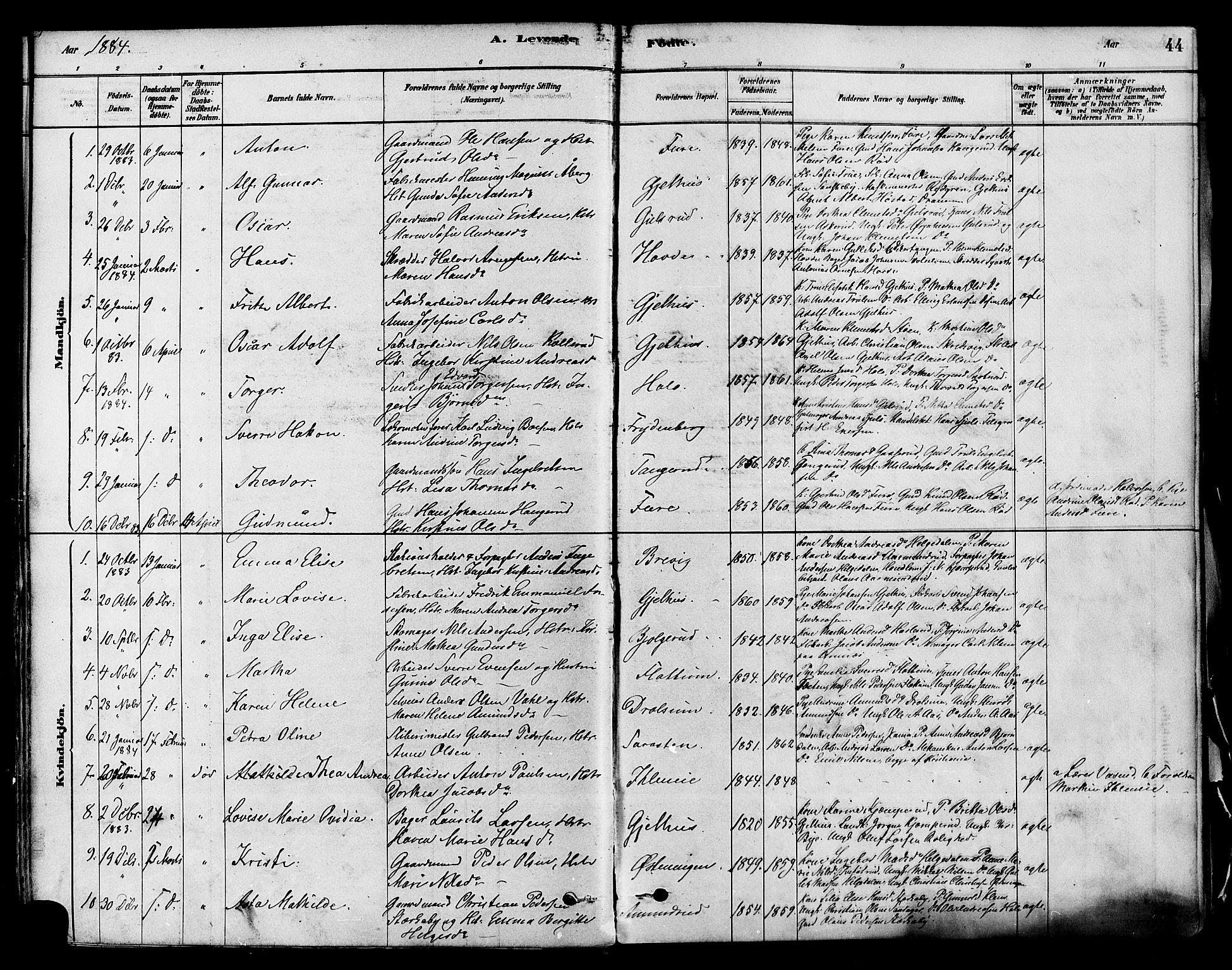 Modum kirkebøker, AV/SAKO-A-234/F/Fa/L0011: Parish register (official) no. 11, 1877-1889, p. 44