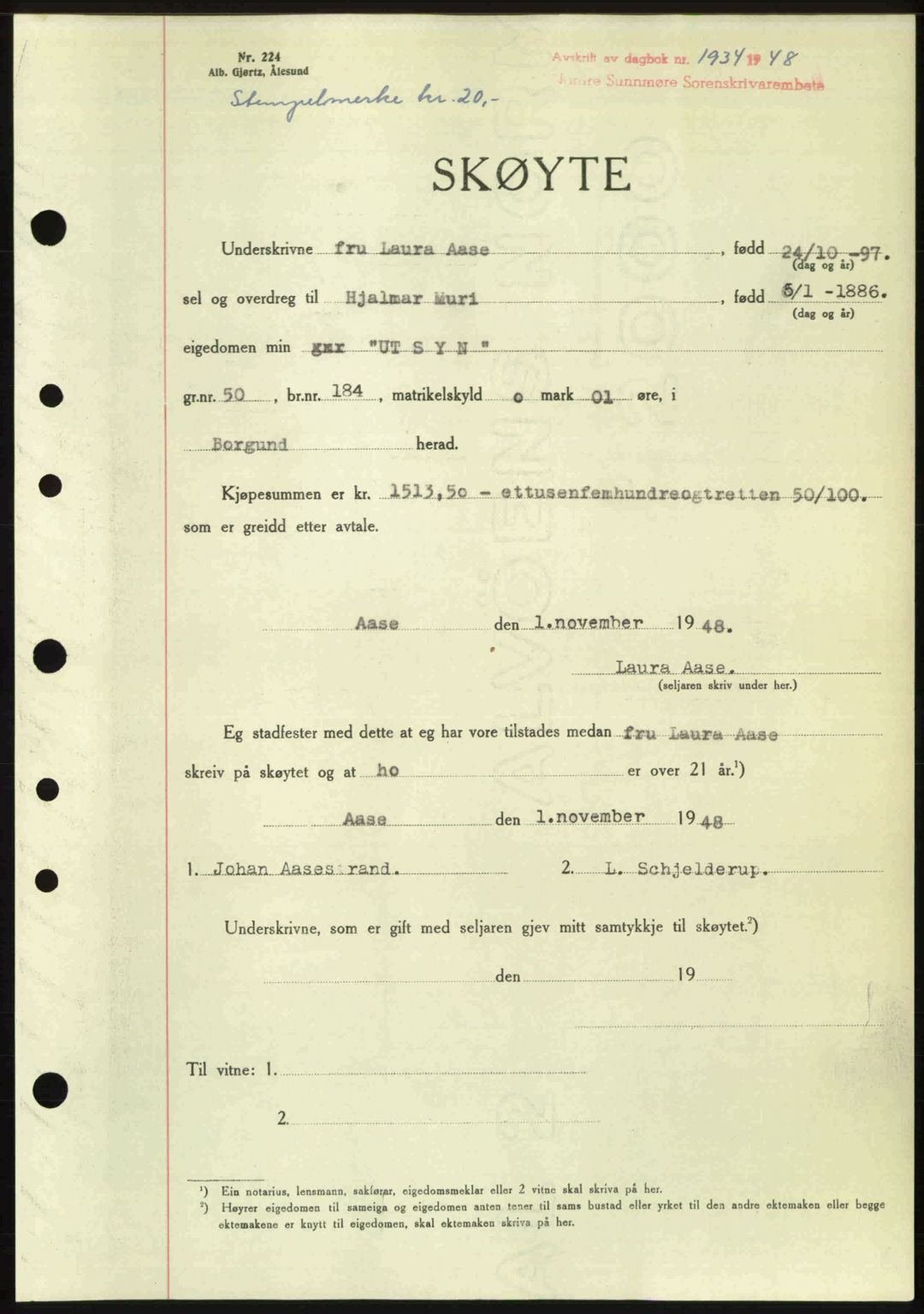 Nordre Sunnmøre sorenskriveri, AV/SAT-A-0006/1/2/2C/2Ca: Mortgage book no. A29, 1948-1949, Diary no: : 1934/1948