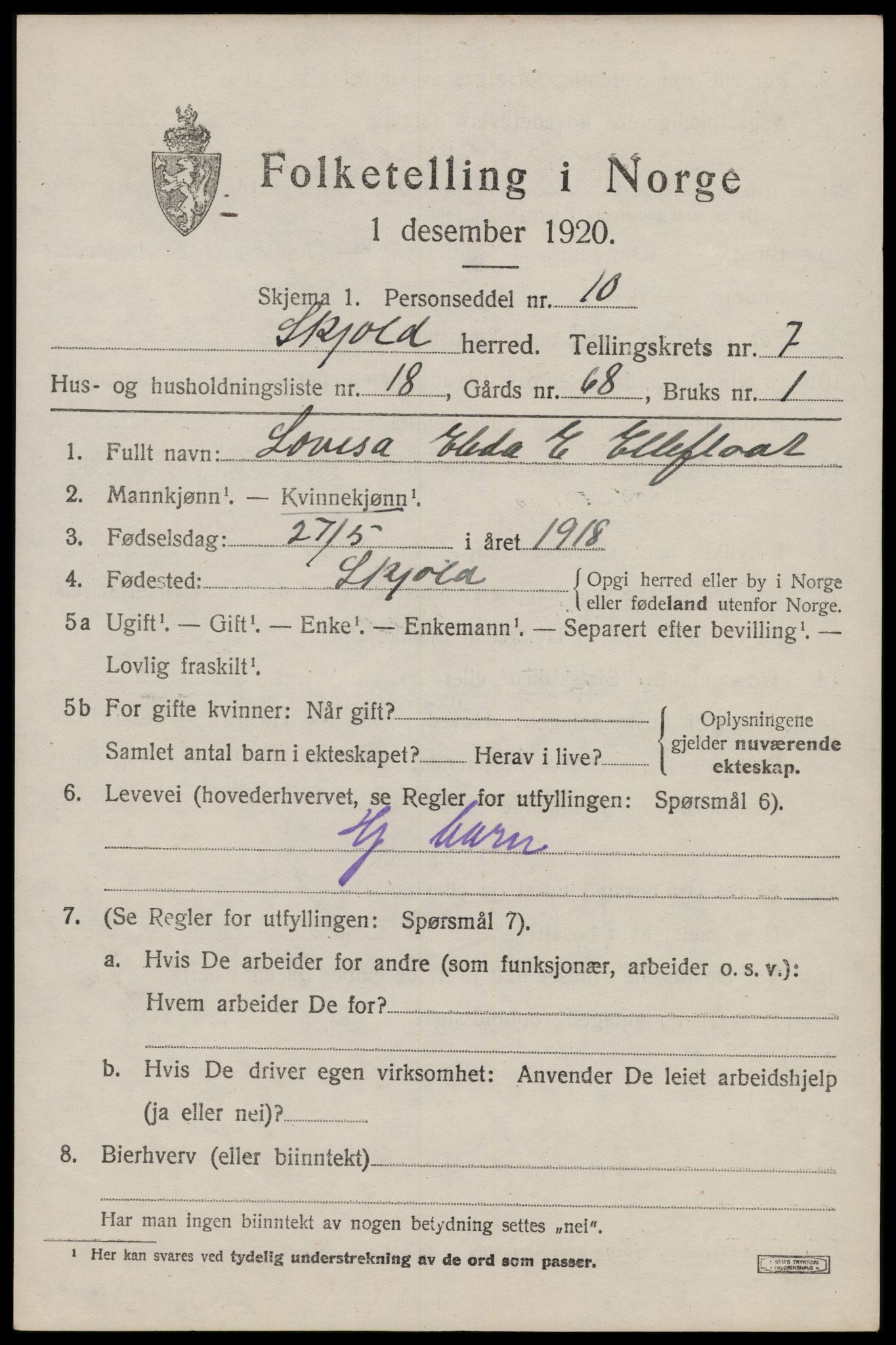 SAST, 1920 census for Skjold, 1920, p. 4060
