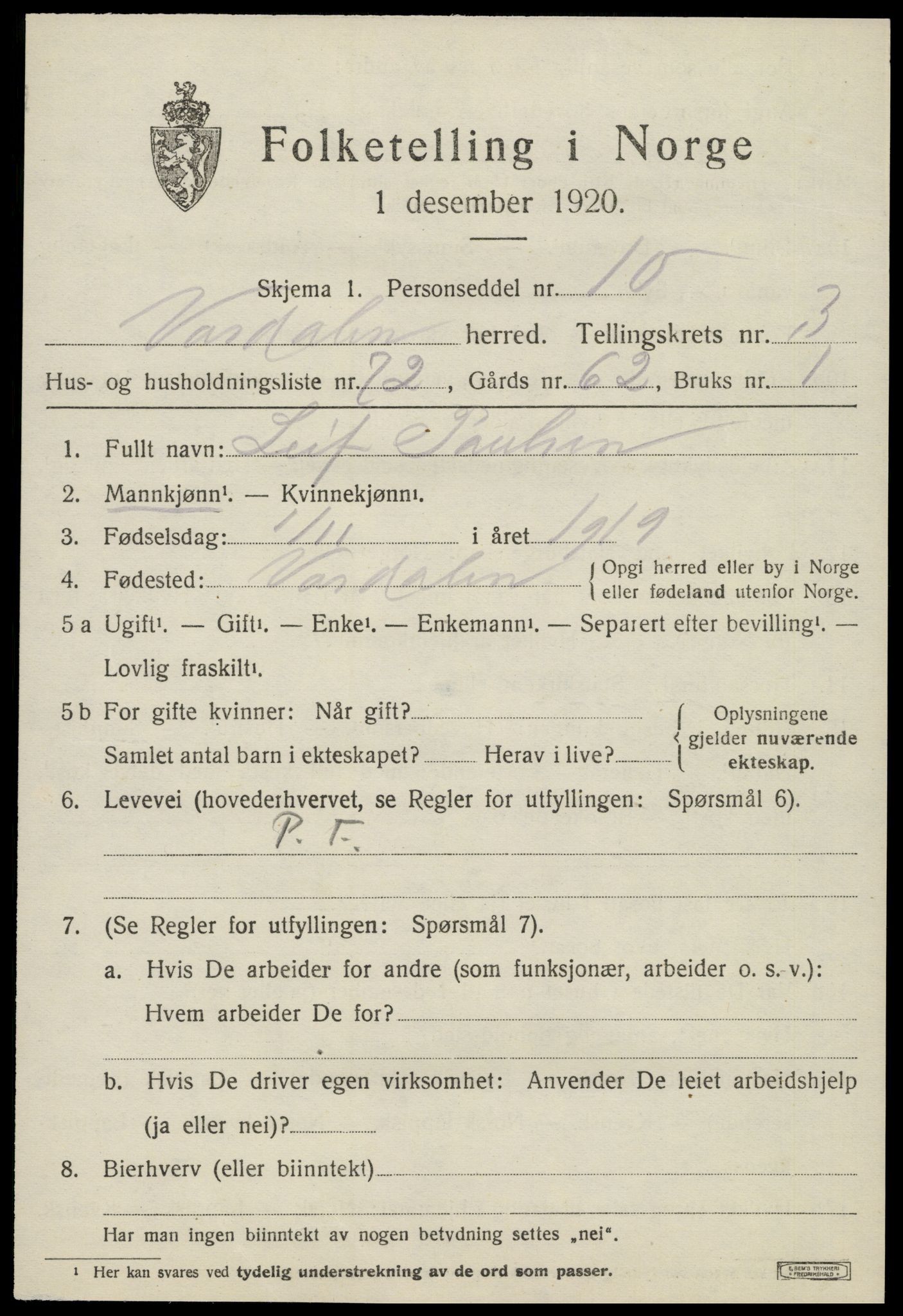 SAT, 1920 census for Verdal, 1920, p. 7581