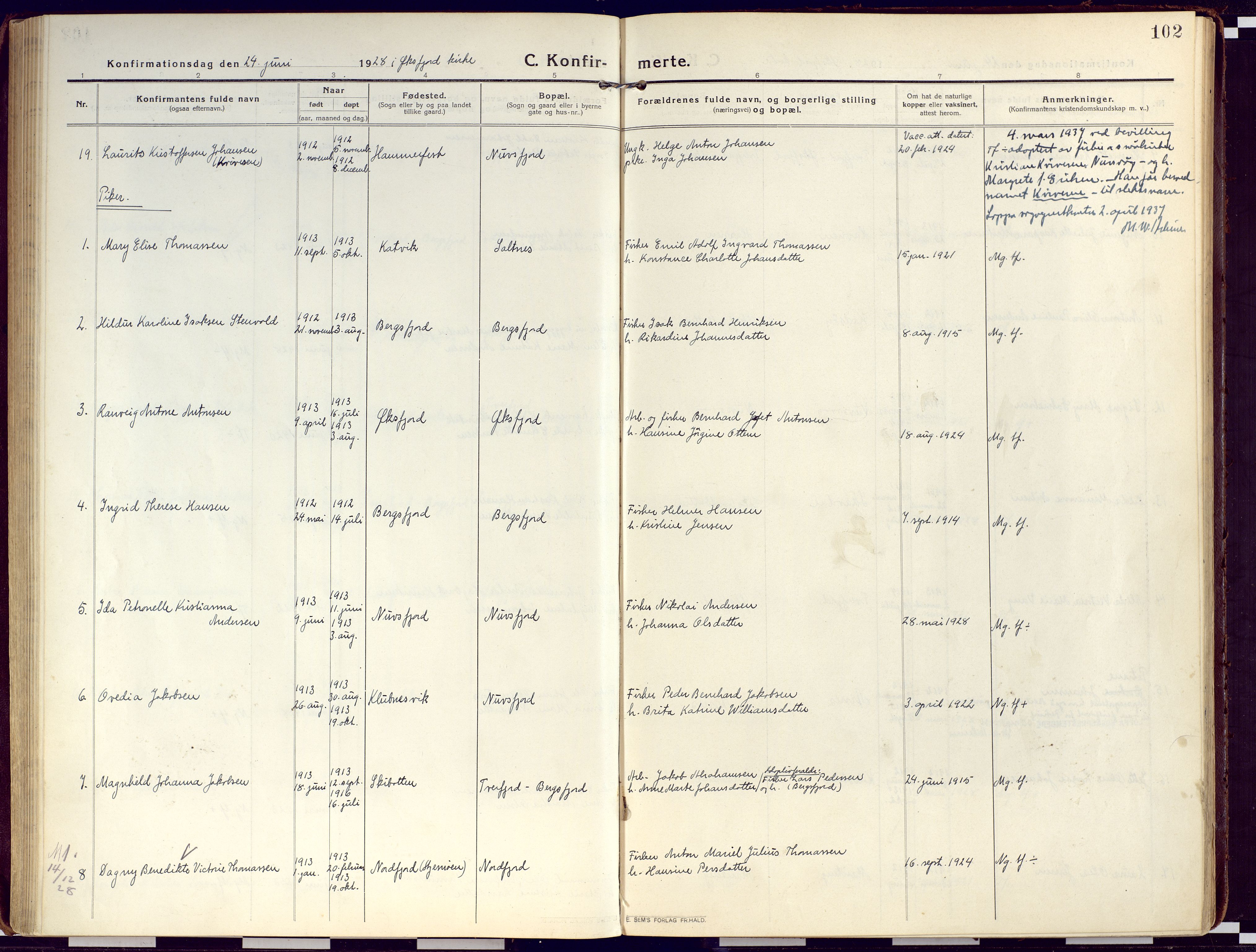 Loppa sokneprestkontor, SATØ/S-1339/H/Ha/L0012kirke: Parish register (official) no. 12, 1917-1932, p. 102
