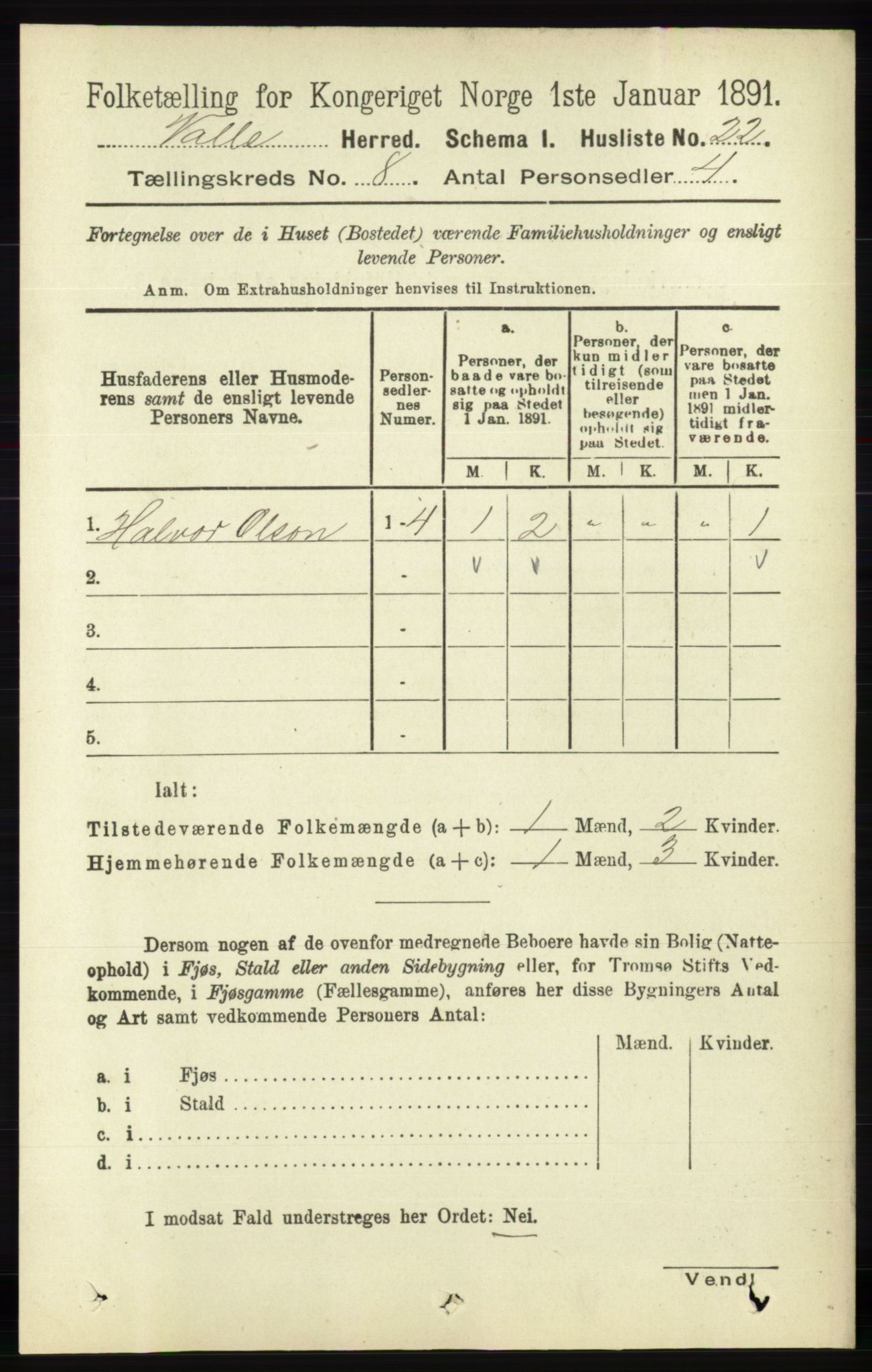 RA, 1891 census for 0940 Valle, 1891, p. 2233