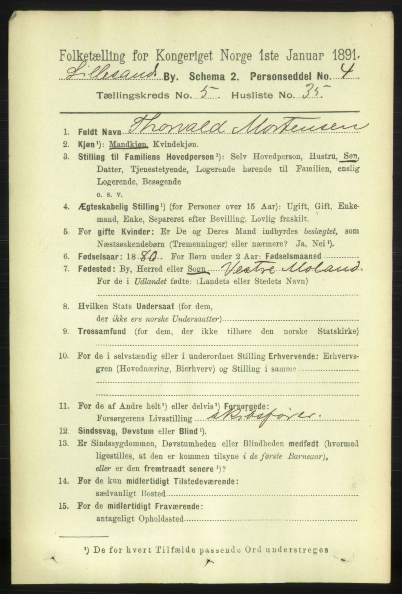 RA, 1891 census for 0905 Lillesand, 1891, p. 1606