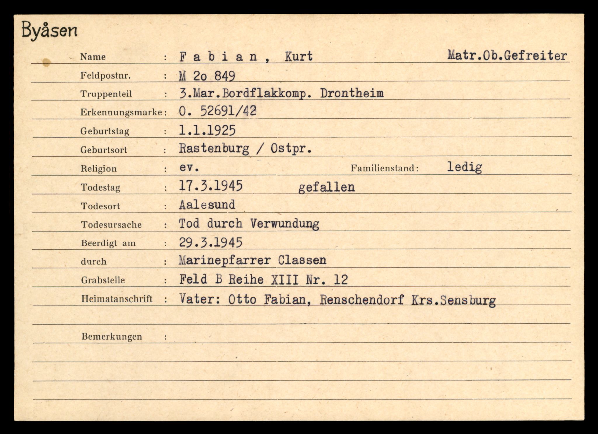 Distriktskontoret for krigsgraver, SAT/A-5030/E/L0004: Kasett/kartotek over tysk Krigskirkegård på Byåsen, 1945, p. 379