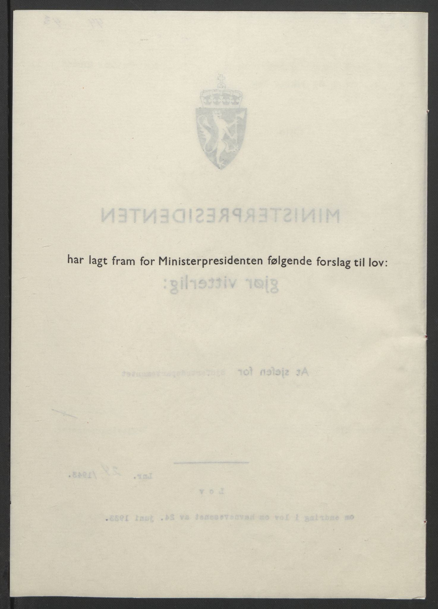 NS-administrasjonen 1940-1945 (Statsrådsekretariatet, de kommisariske statsråder mm), RA/S-4279/D/Db/L0099: Lover, 1943, p. 98