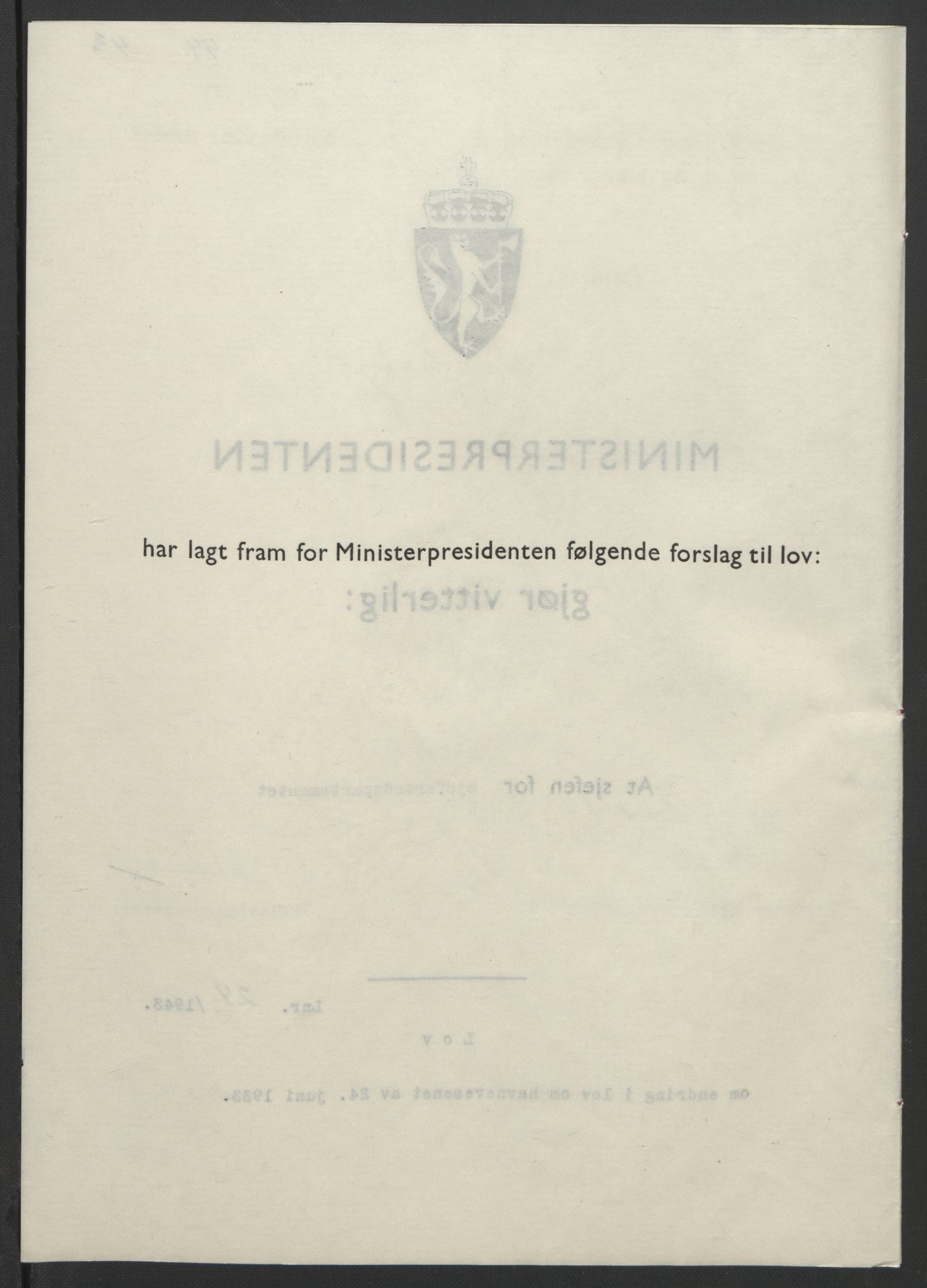 NS-administrasjonen 1940-1945 (Statsrådsekretariatet, de kommisariske statsråder mm), AV/RA-S-4279/D/Db/L0099: Lover, 1943, p. 98