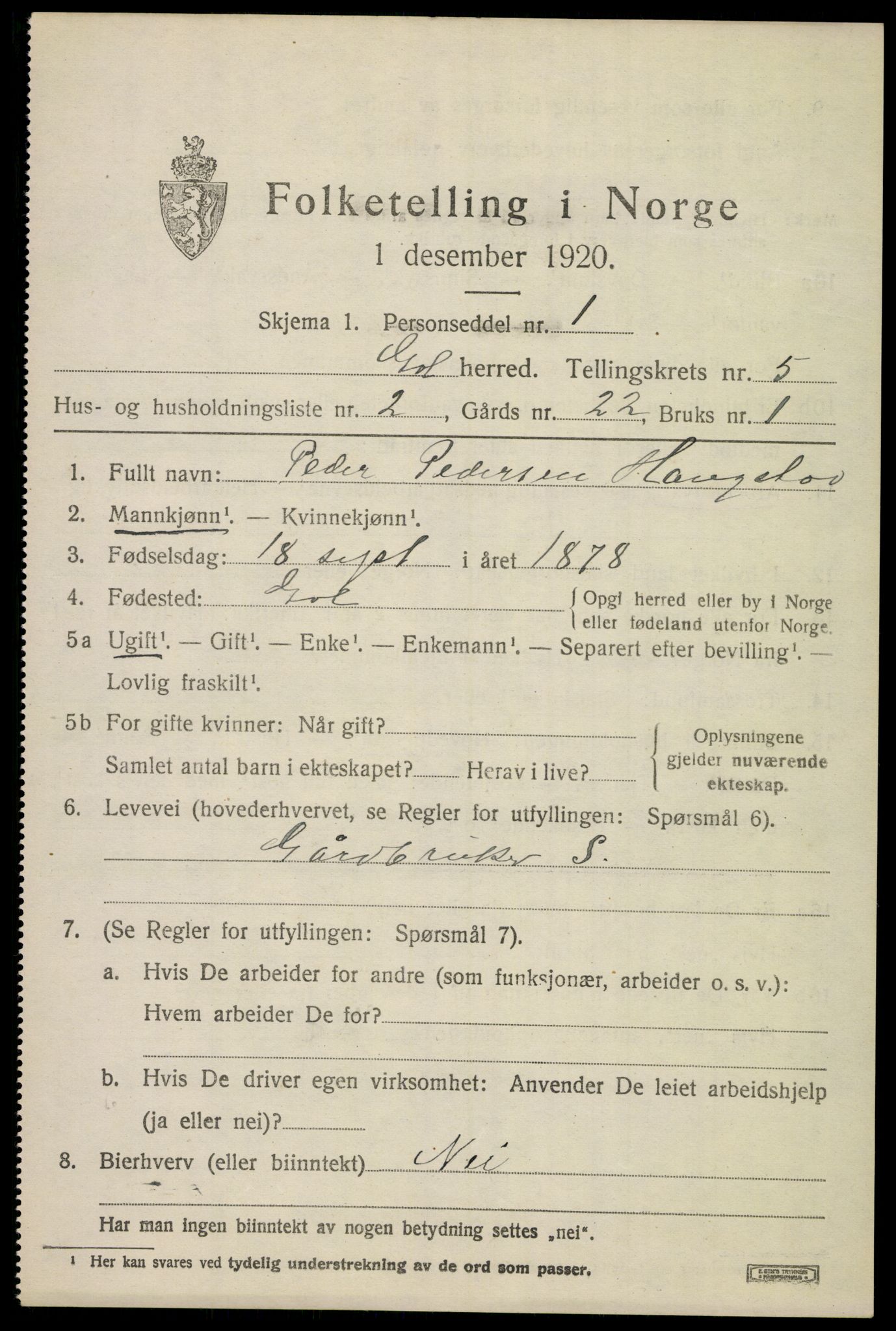 SAKO, 1920 census for Gol, 1920, p. 3534
