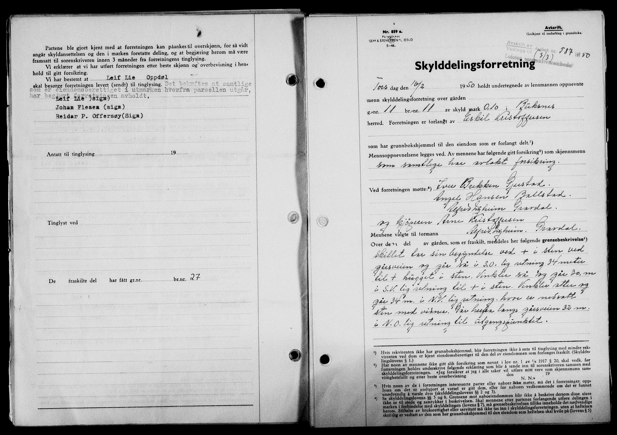 Lofoten sorenskriveri, SAT/A-0017/1/2/2C/L0023a: Mortgage book no. 23a, 1950-1950, Diary no: : 587/1950