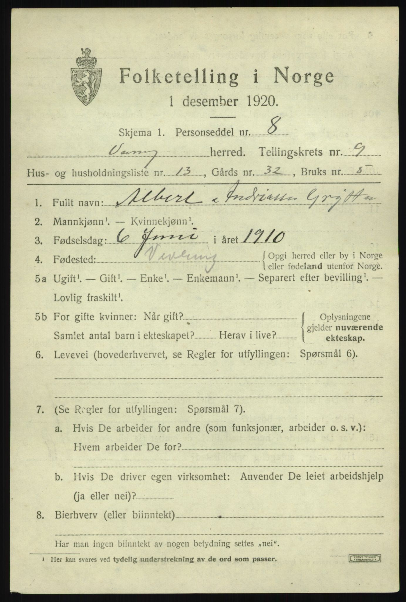 SAB, 1920 census for Vevring, 1920, p. 2522