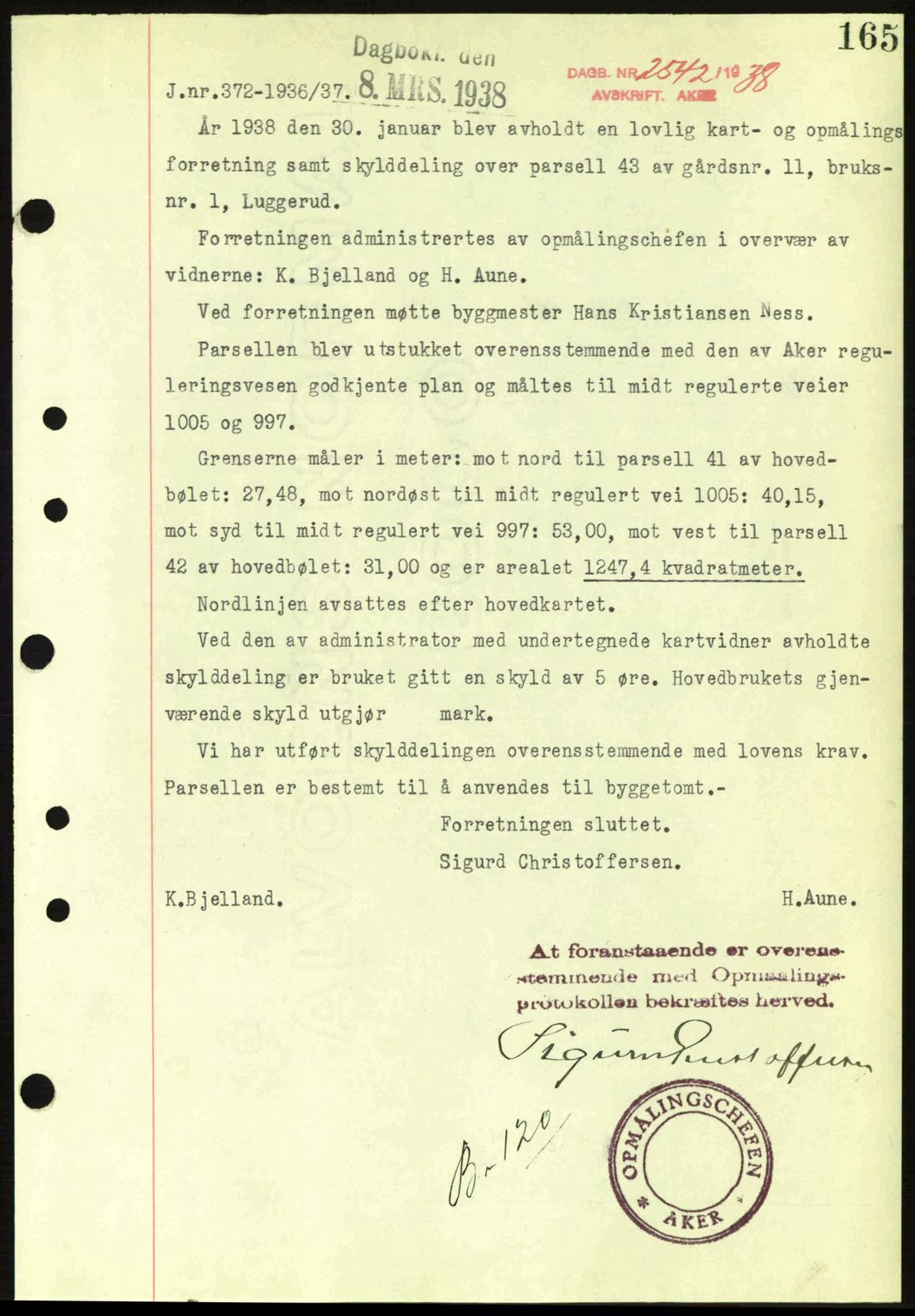 Aker herredsskriveri, AV/SAO-A-10896/G/Gb/Gba/Gbab/L0020: Mortgage book no. A150-151, 1938-1938, Diary no: : 2542/1938