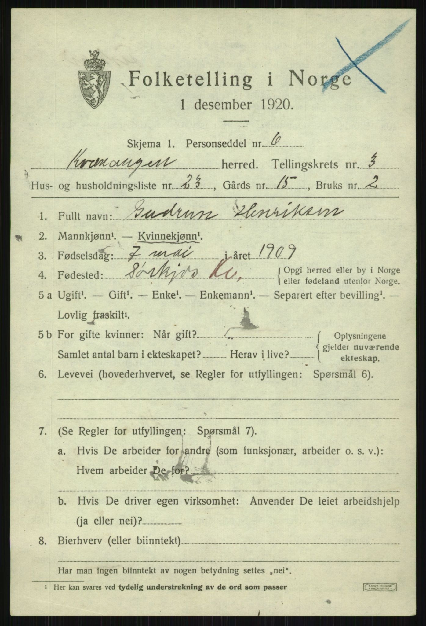 SATØ, 1920 census for Kvænangen, 1920, p. 2014