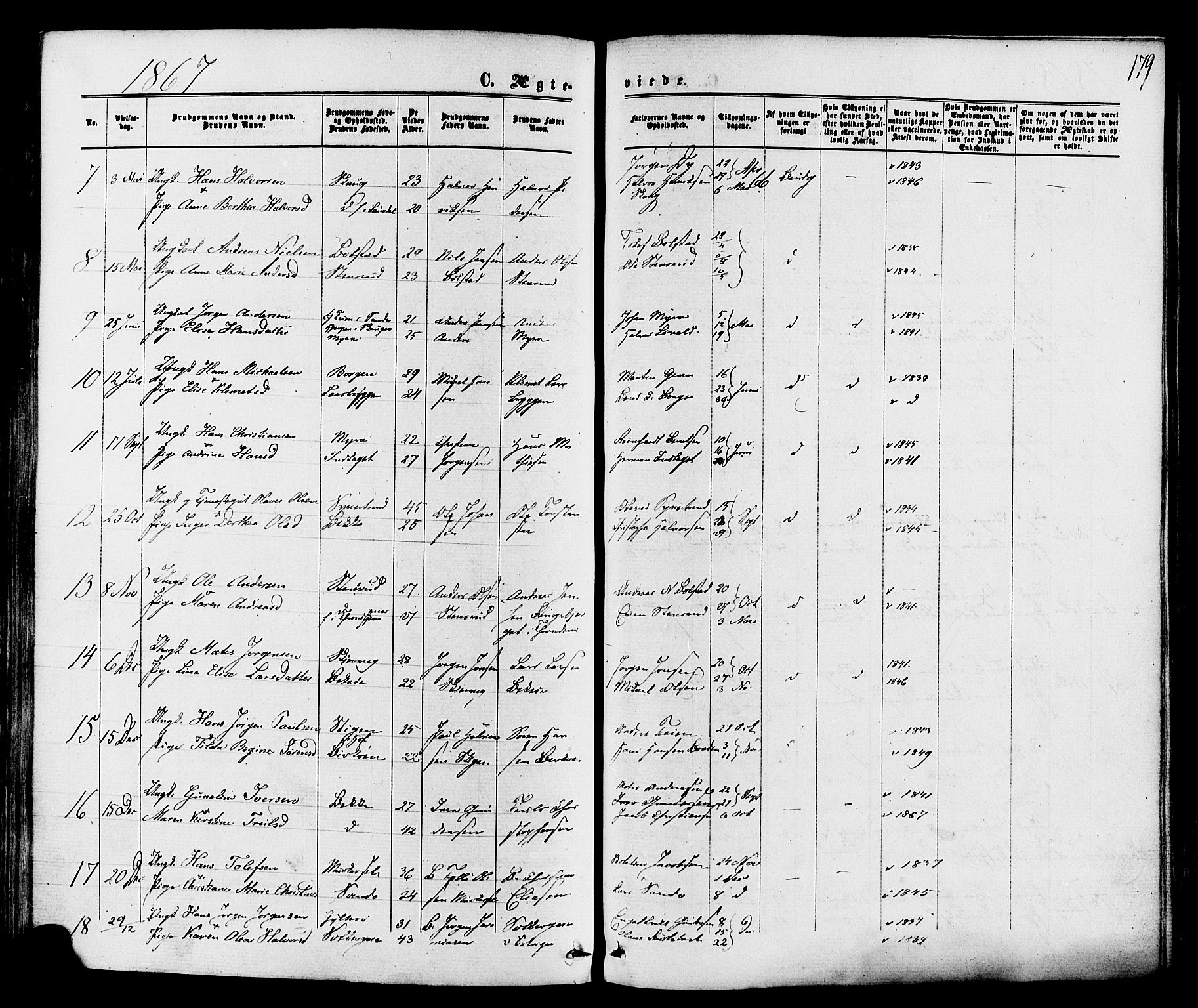 Sande Kirkebøker, SAKO/A-53/F/Fa/L0005: Parish register (official) no. 5, 1865-1877, p. 179