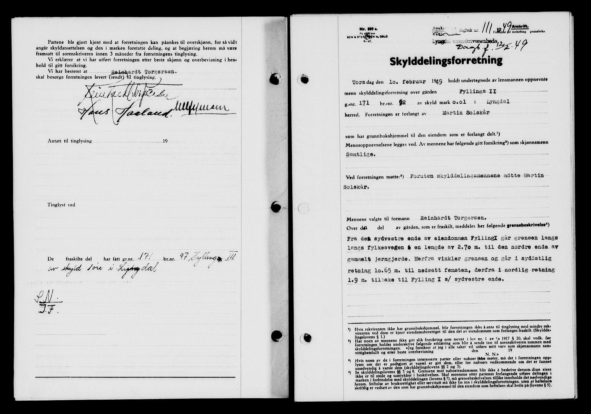 Lyngdal sorenskriveri, AV/SAK-1221-0004/G/Gb/L0663: Mortgage book no. A IX, 1948-1949, Diary no: : 111/1949