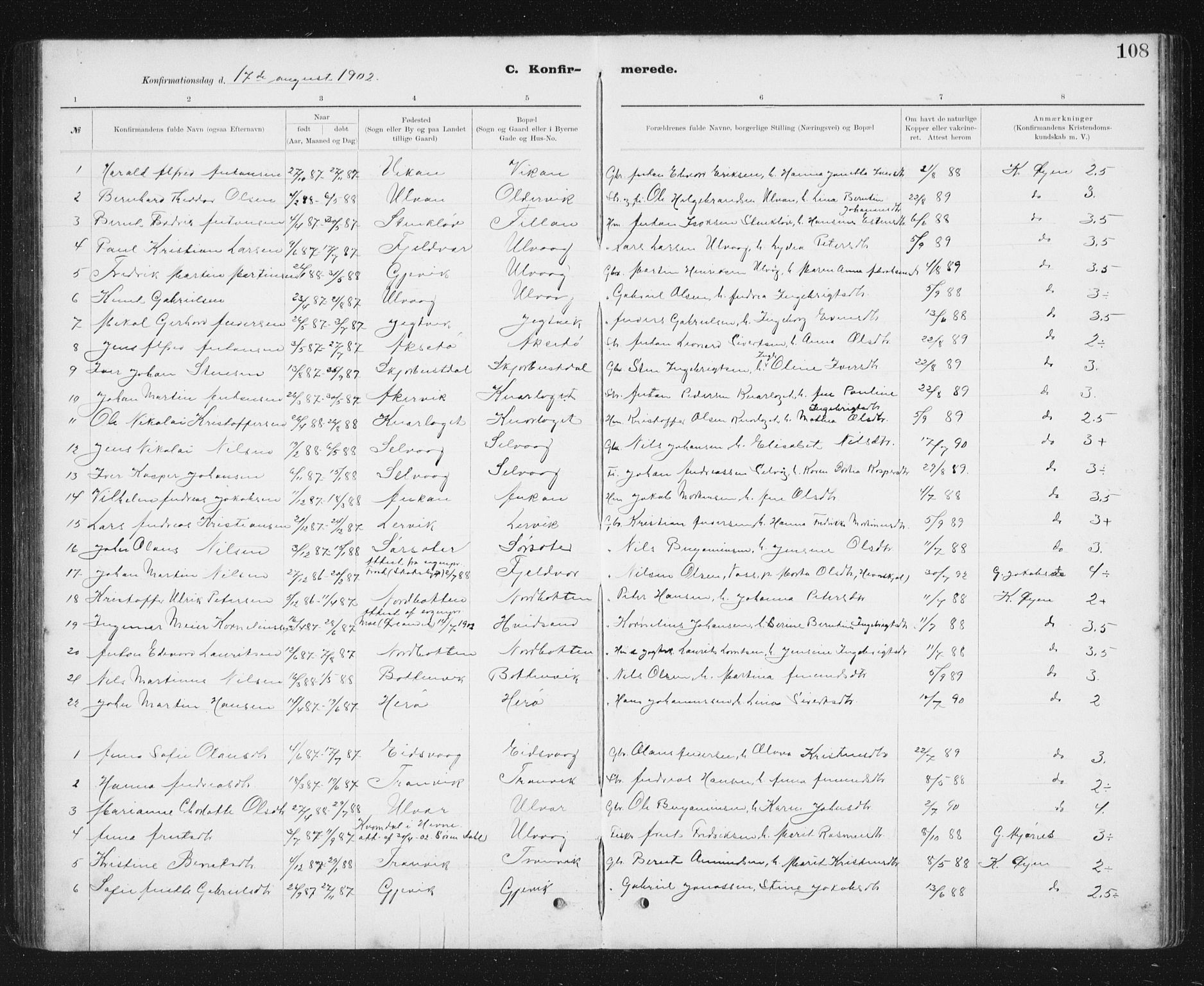 Ministerialprotokoller, klokkerbøker og fødselsregistre - Sør-Trøndelag, SAT/A-1456/637/L0563: Parish register (copy) no. 637C04, 1899-1940, p. 108