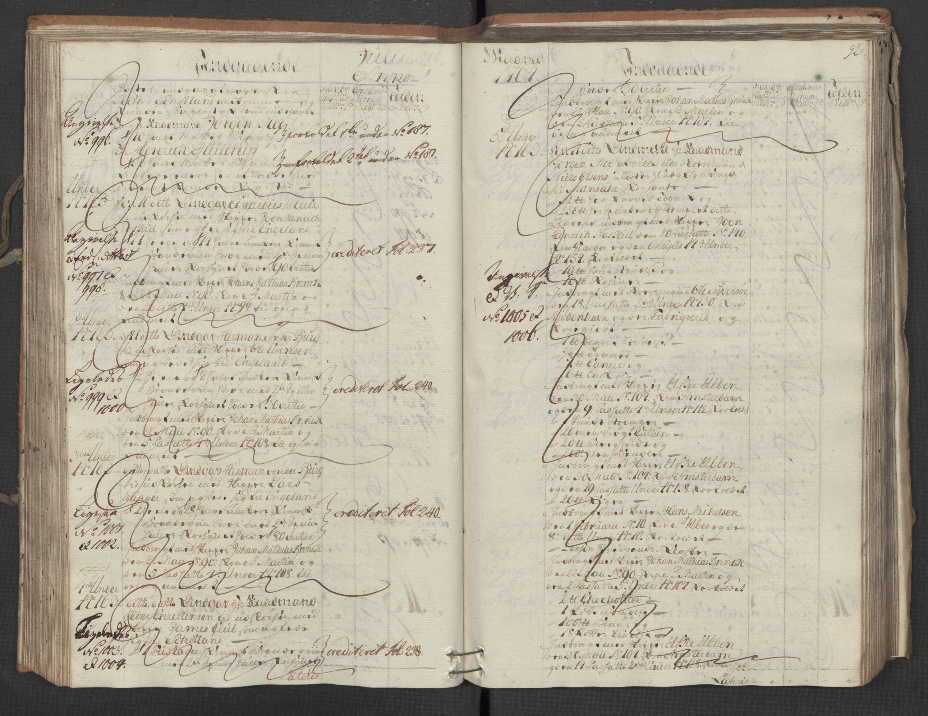 Generaltollkammeret, tollregnskaper, AV/RA-EA-5490/R16/L0054/0001: Tollregnskaper Kristiansand / Inngående hovedtollbok, 1764, p. 91b-92a