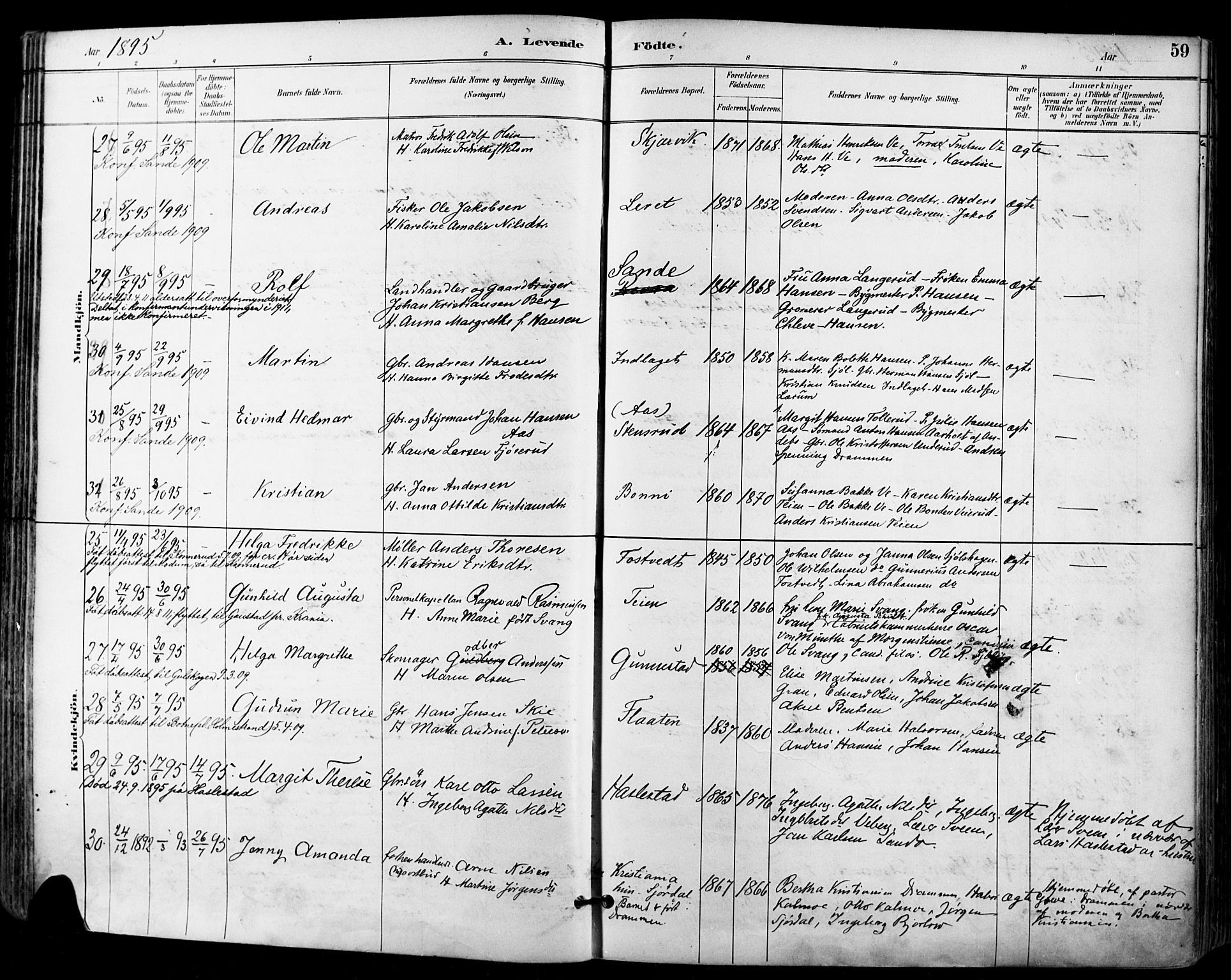 Sande Kirkebøker, AV/SAKO-A-53/F/Fa/L0007: Parish register (official) no. 7, 1888-1903, p. 59