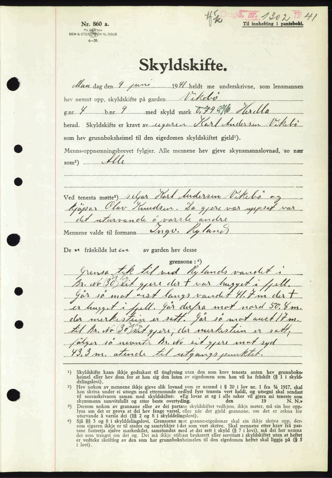 Nordhordland sorenskrivar, AV/SAB-A-2901/1/G/Gb/Gbf/L0013: Mortgage book no. A13, 1941-1941, Diary no: : 1302/1941