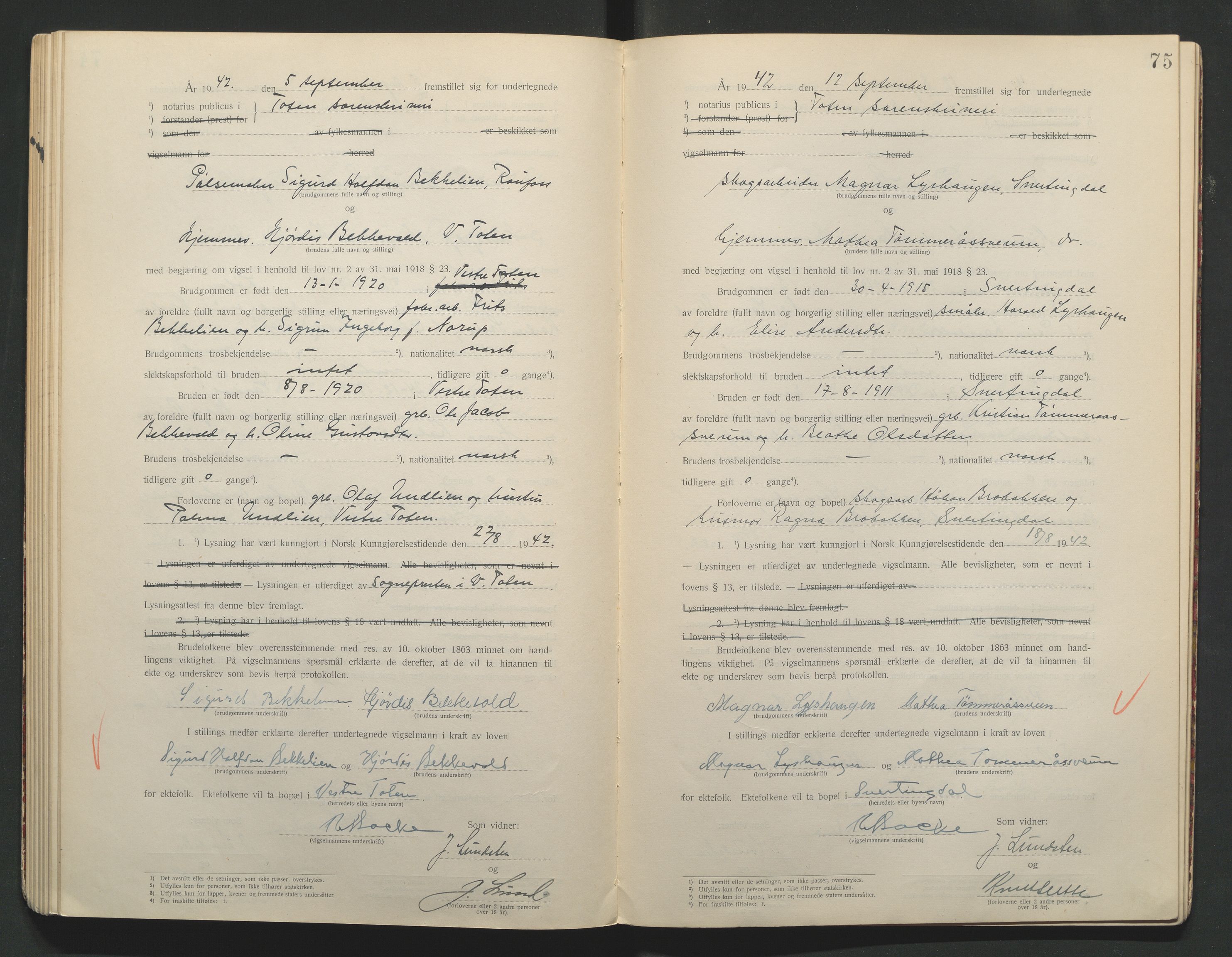 Toten tingrett, AV/SAH-TING-006/L/Lc/L0001: Vigselbok, 1920-1942, p. 75